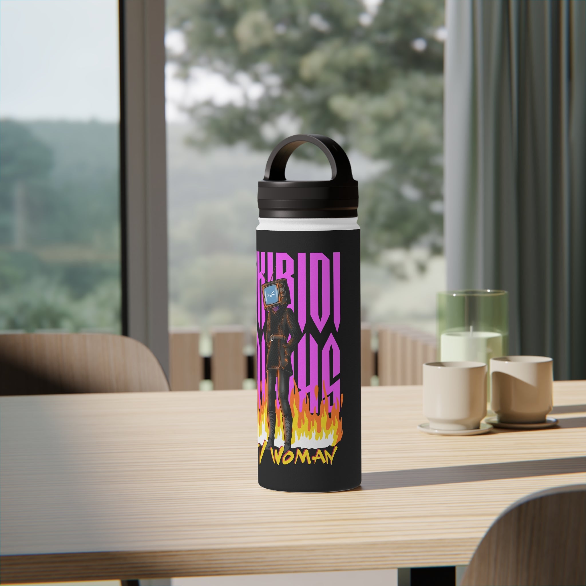 The essence of the brand while ensuring you stay refreshed on the go. Alt Tag: "Black 18oz water bottle with TV Woman artwork from Skibidi