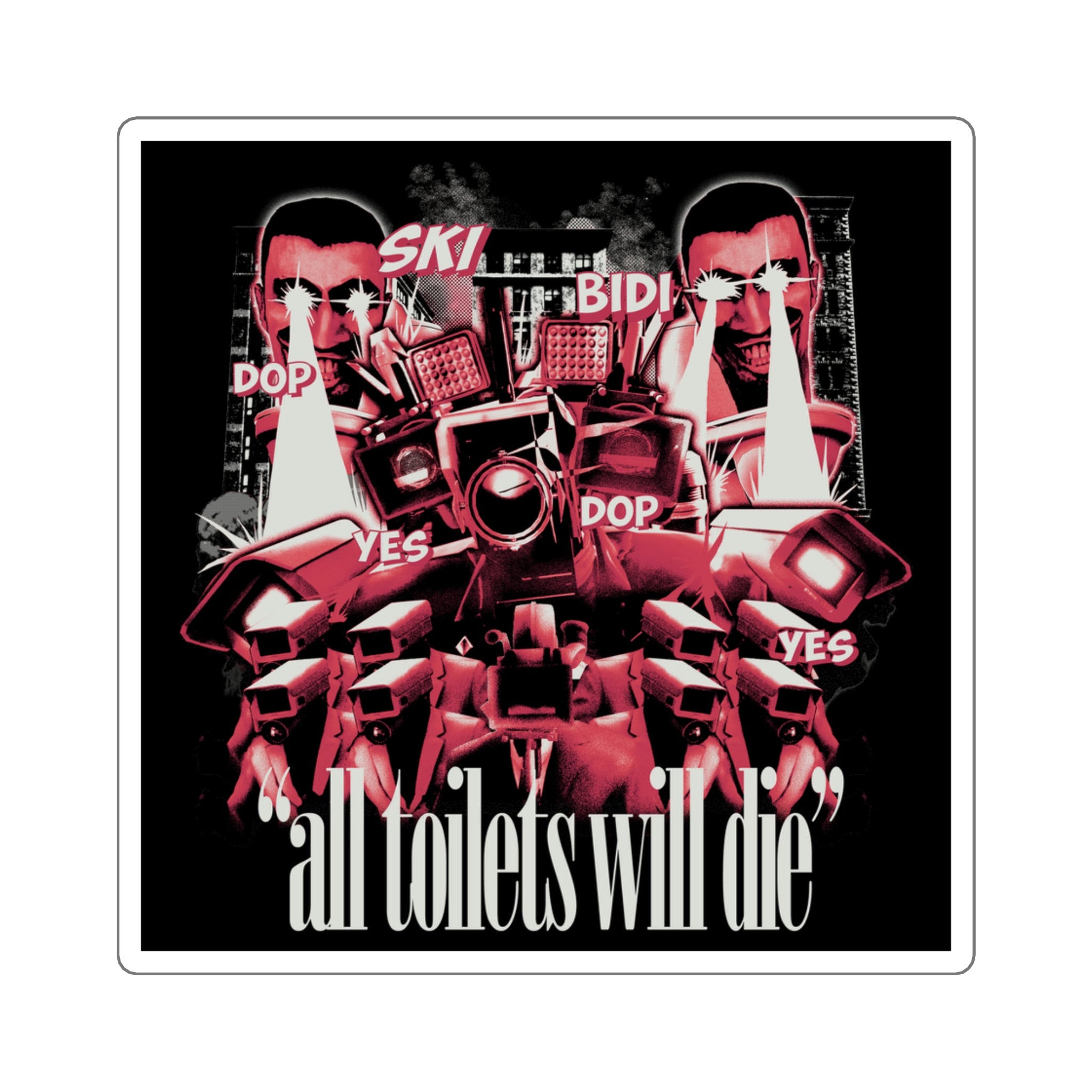 Streetwear skibidi collage sticker, black background, red characters