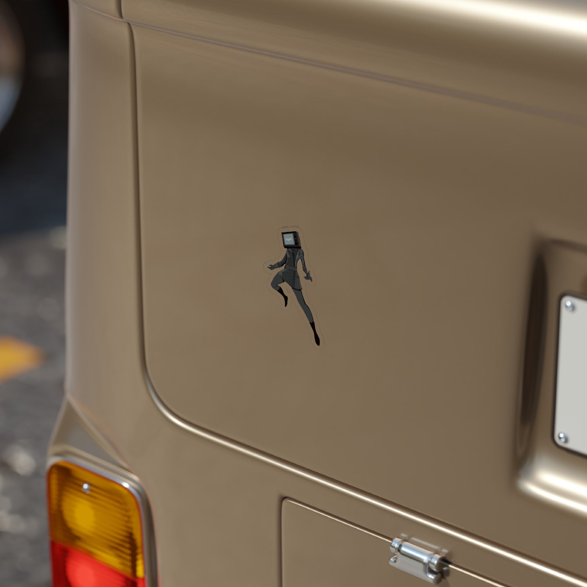 Sticker of TV Woman in a jumping pose on a gold van