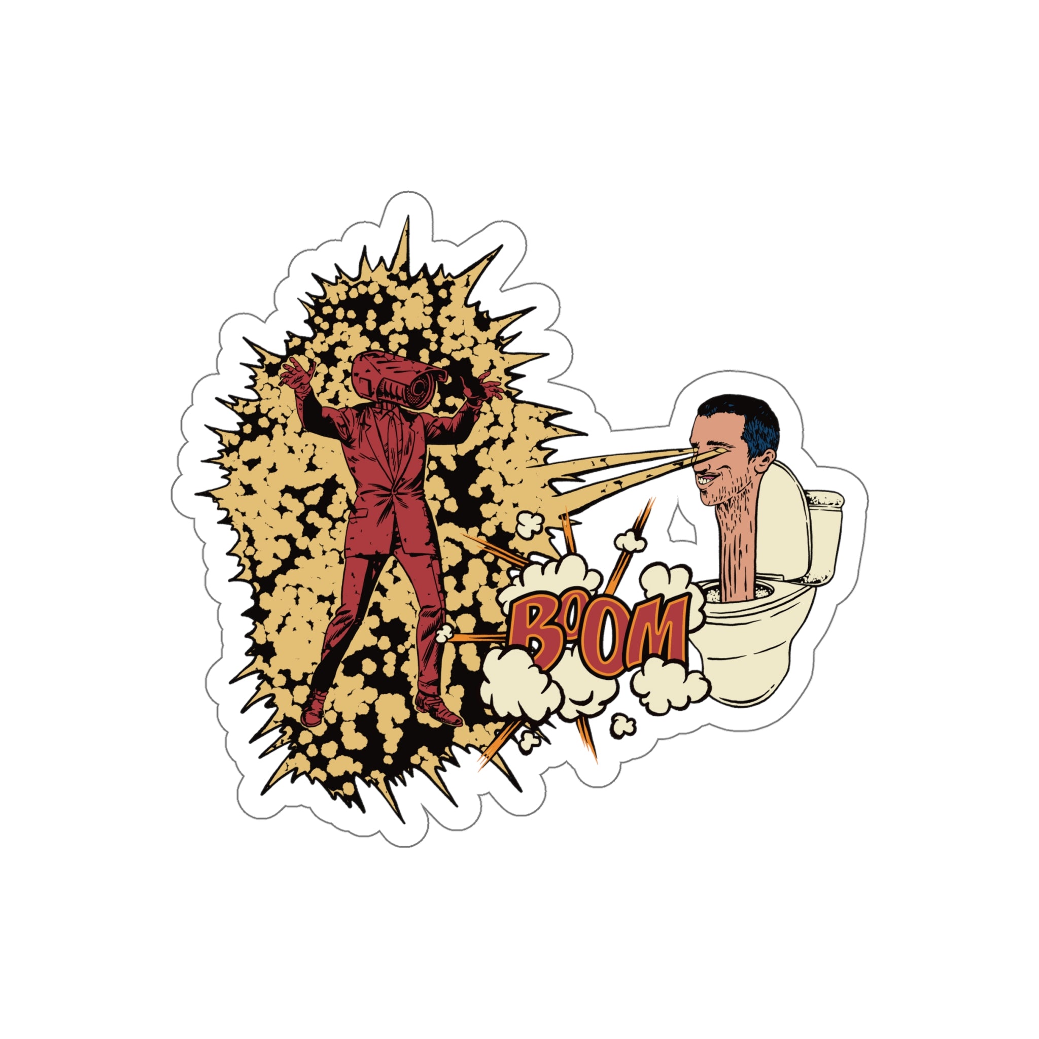 Skibidi toilet and cameraman confrontation sticker, white, comic style