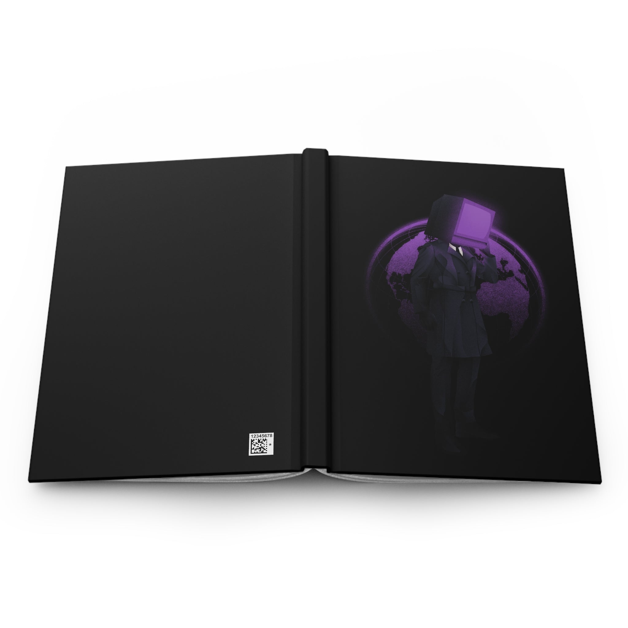 Black journal with TV Man looking over a purple world, front and back cover