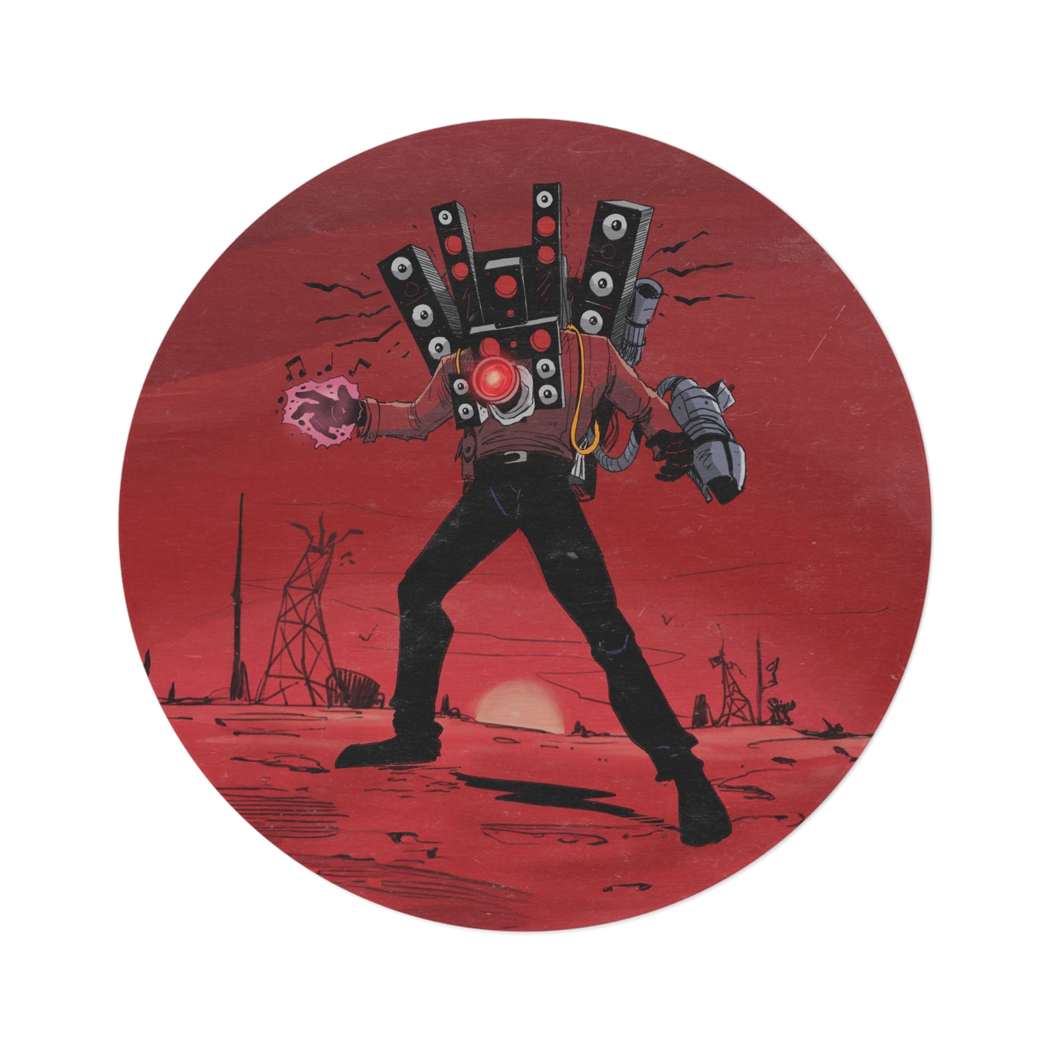 Round red rug featuring a vibrant illustration of Titan Speakerman