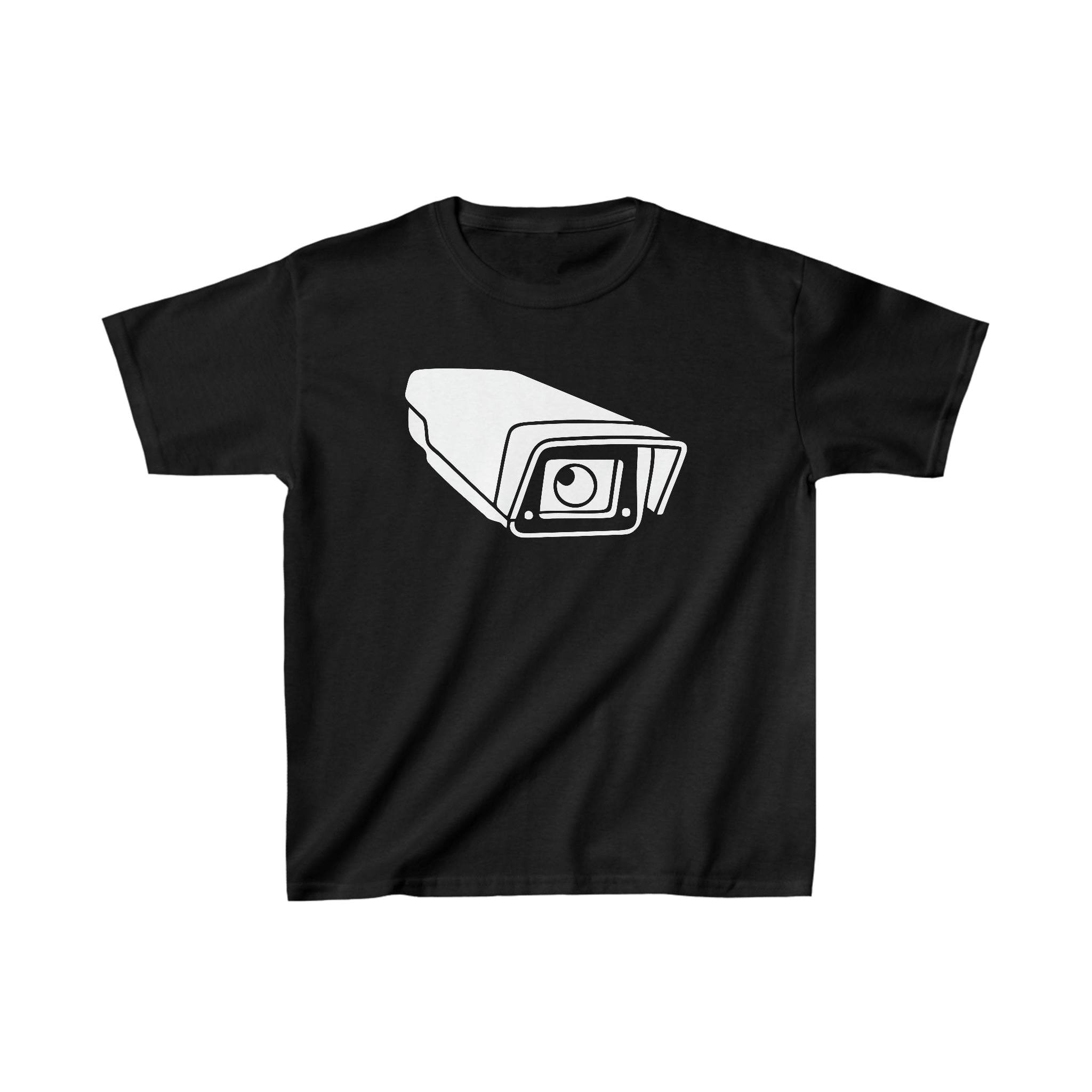 Camera Youth tee with camera lens logo Black on White background