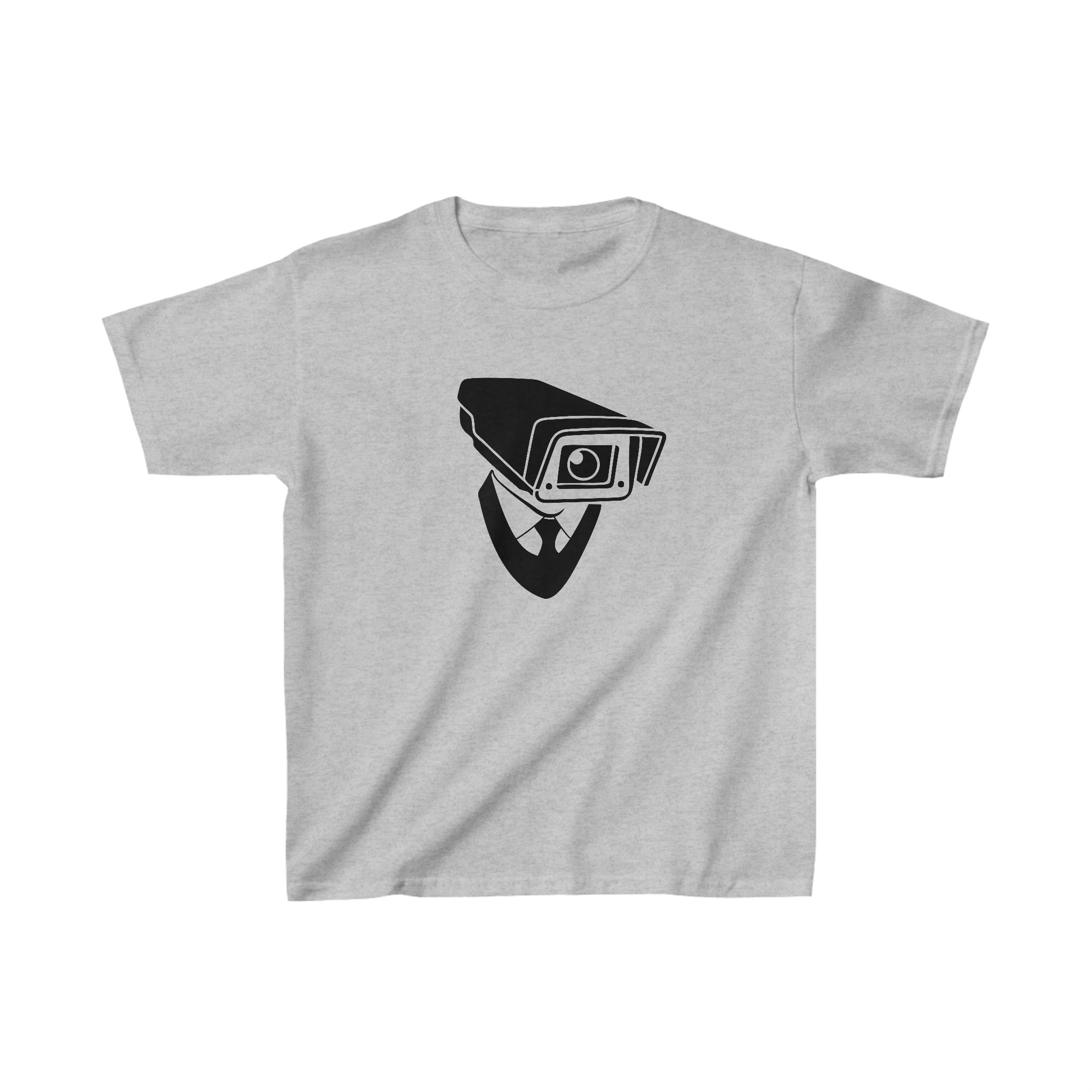 Surveillance Youth tee with the iconic cameraman centered Heather Gray Tee on White Background