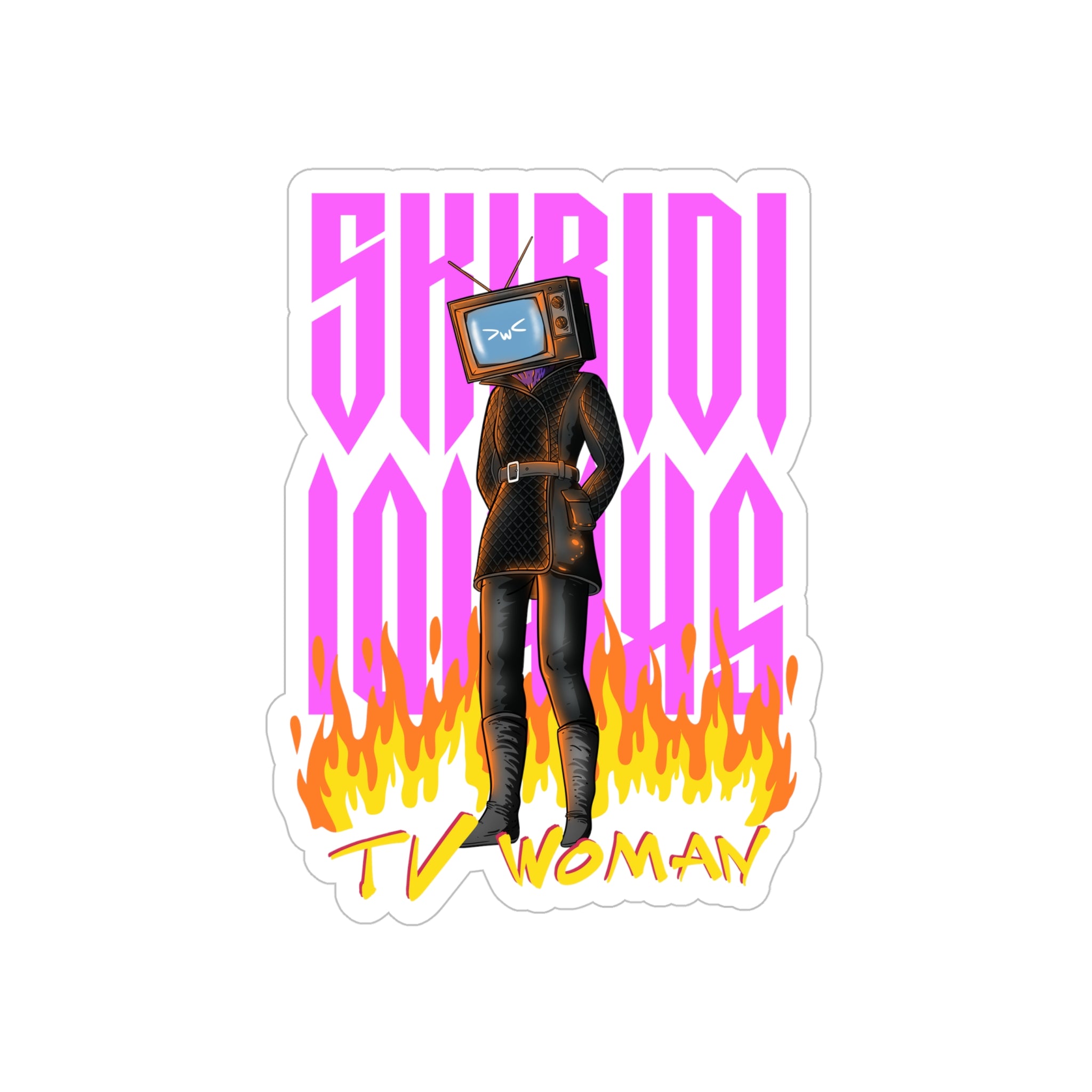 Transparent sticker with TV Woman design amidst flames and logo text