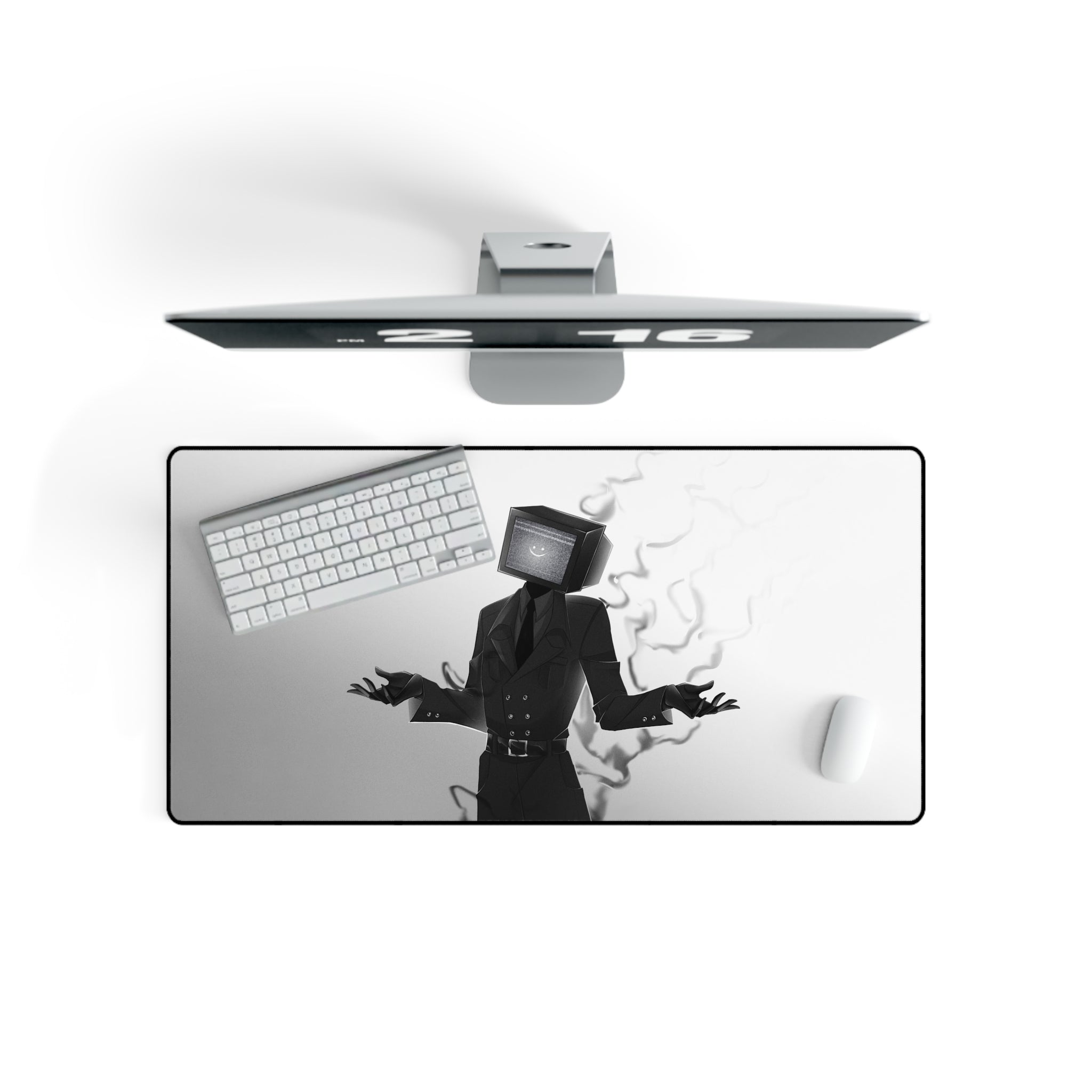 top view of Extra-wide gaming mousepad with gradient smoky TV Man design