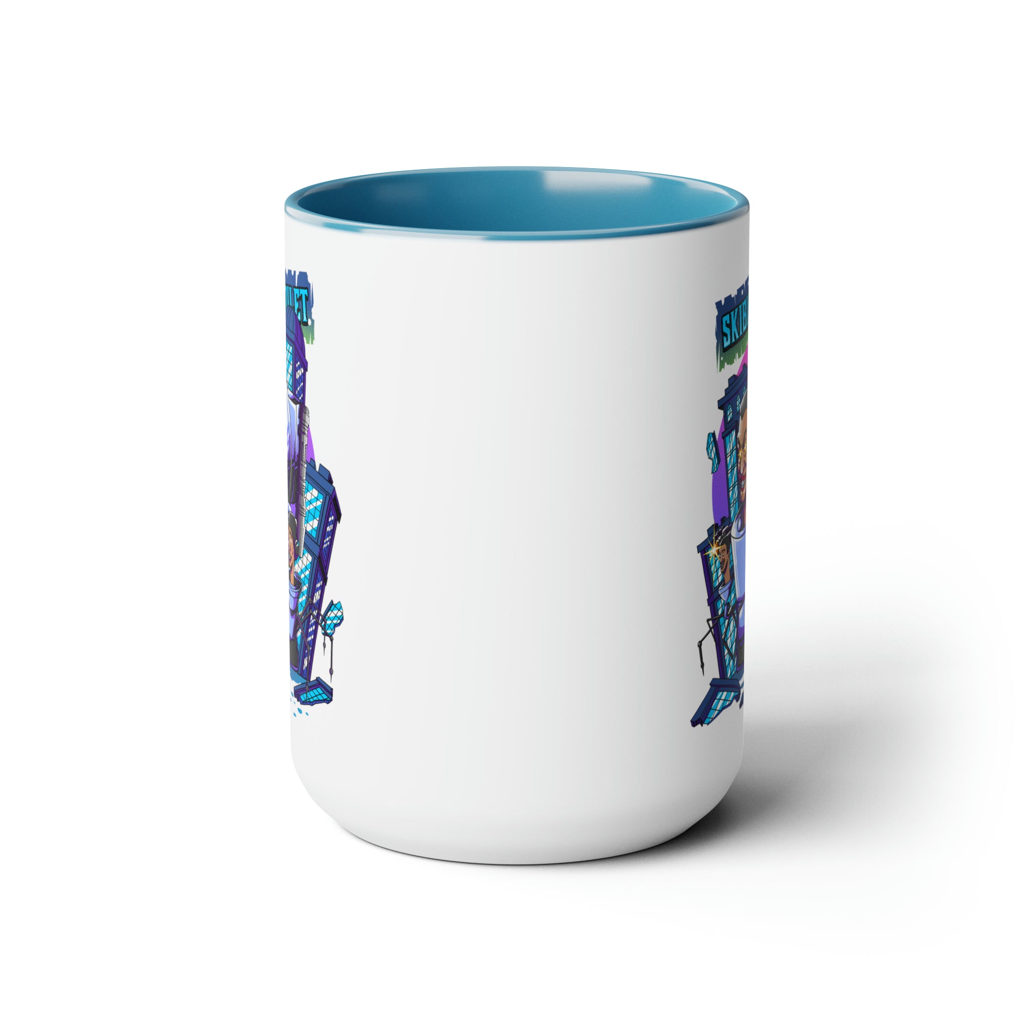 side view of White and light blue Skibidi Miami-inspired coffee mug