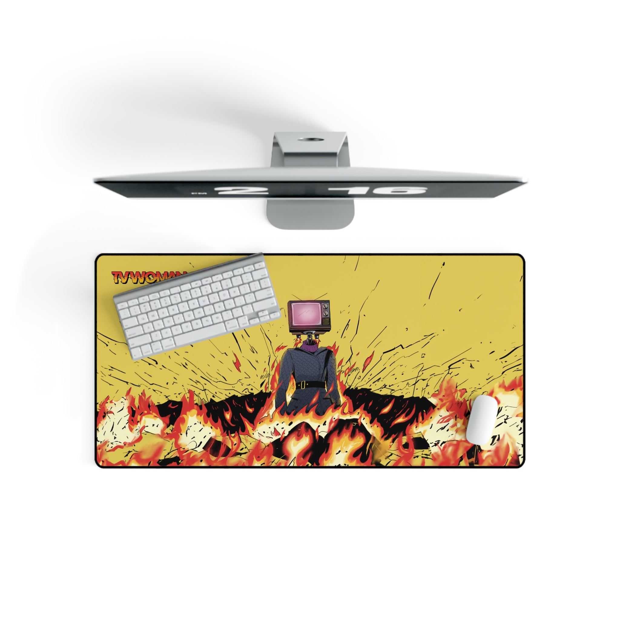 Wide gaming mouse pad featuring comic-style TV Woman illustration. with computer mouse keyboard