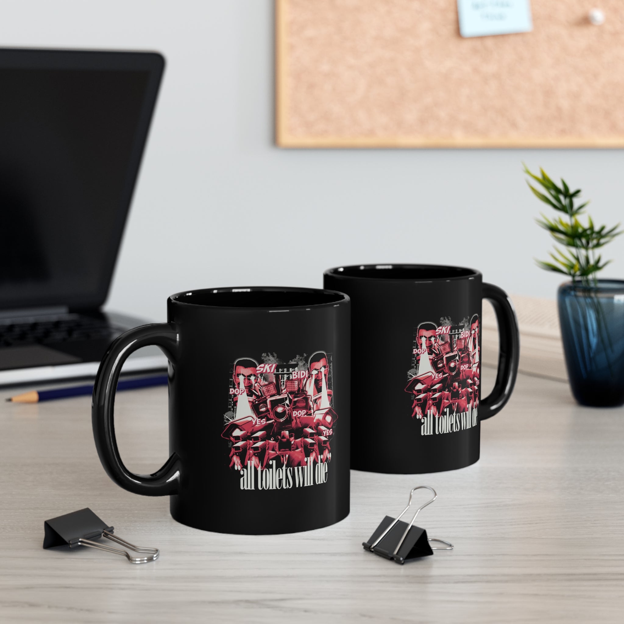 Skibidi streetwear collage mug design, black mug, glossy finish, mugs on desk with laptop and paper clips