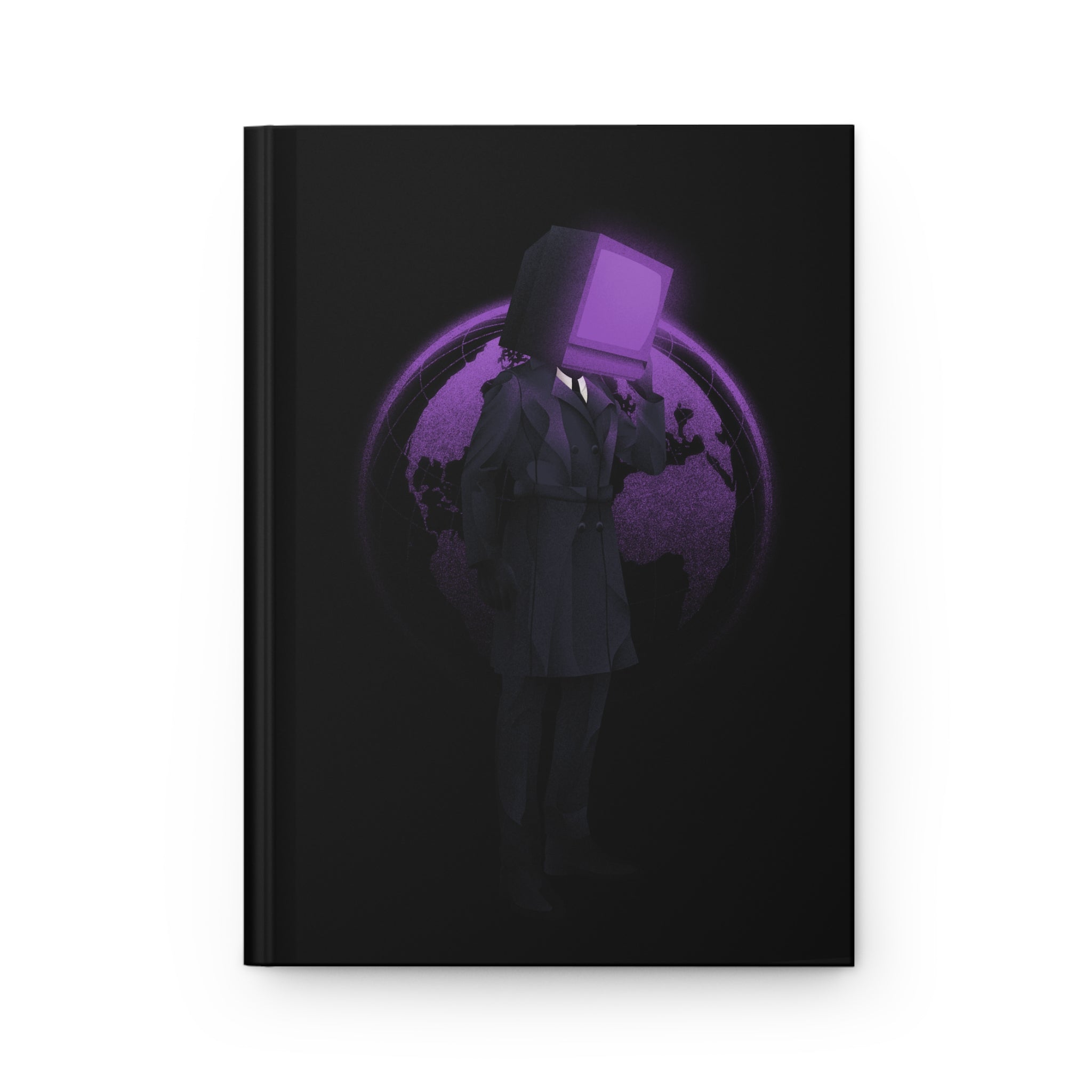 Black journal with TV Man looking over a purple world