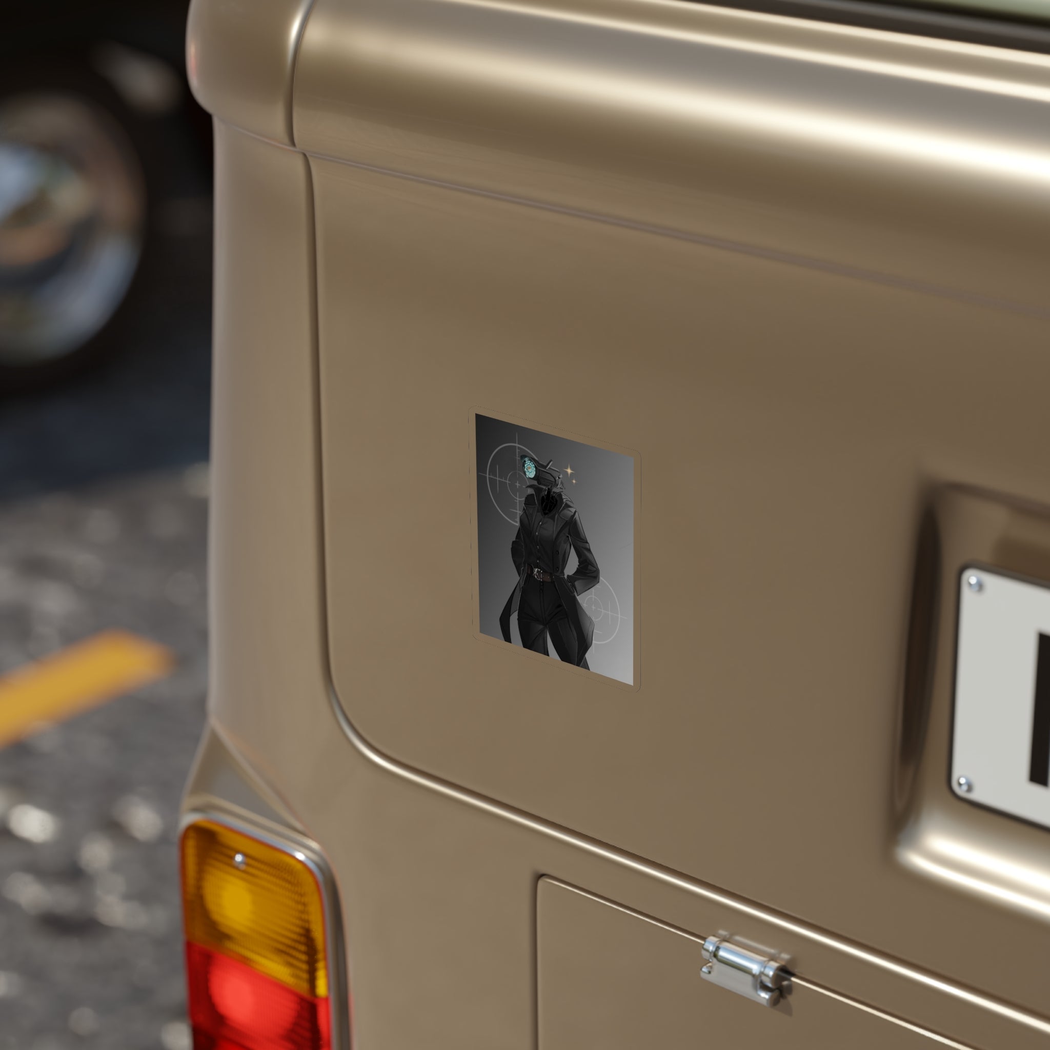 Sticker of Skibidi Toilet's Camera Woman with crosshair design on gold van