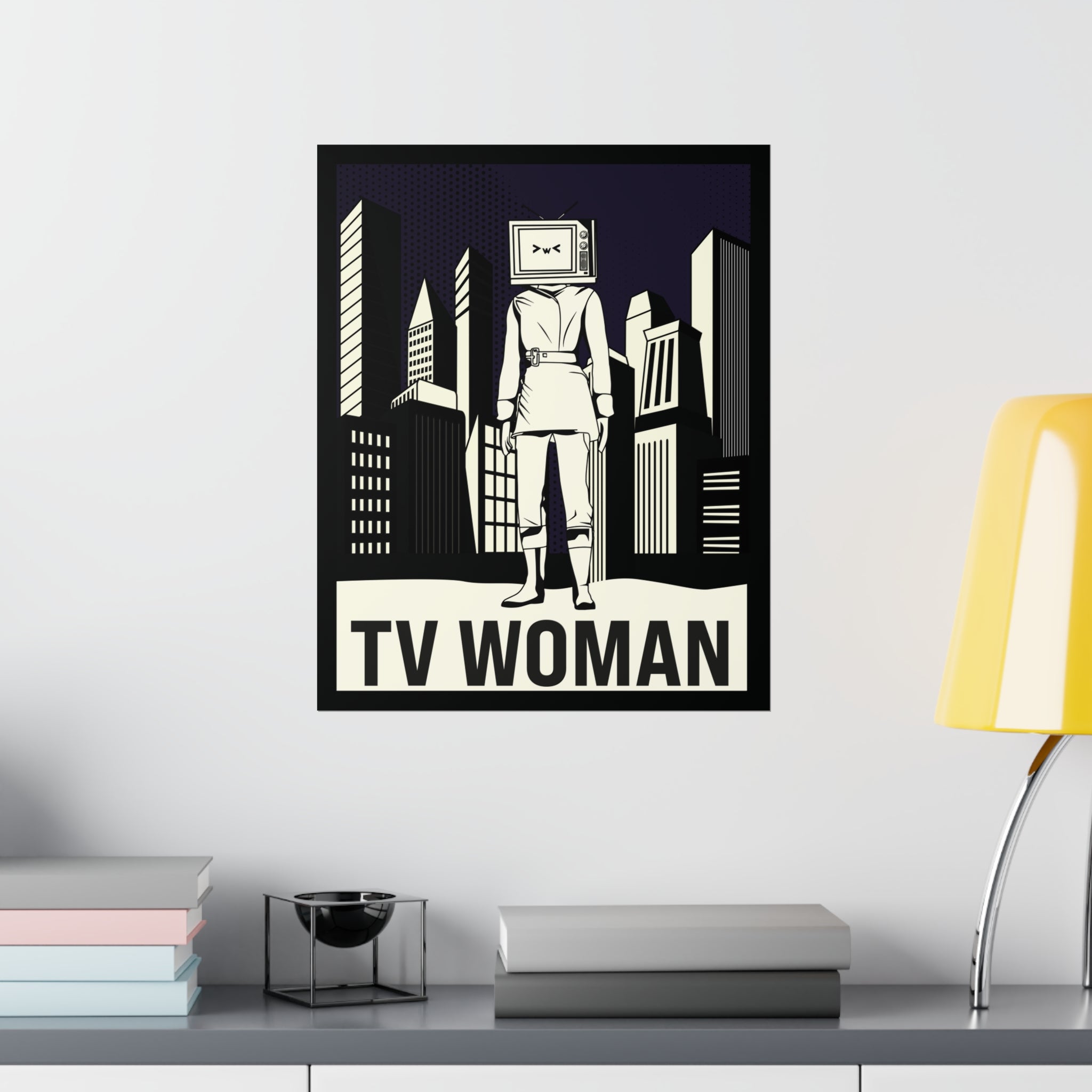 16x20 poster featuring a stylized TV Woman against a simple city backdrop in a room over a shelf