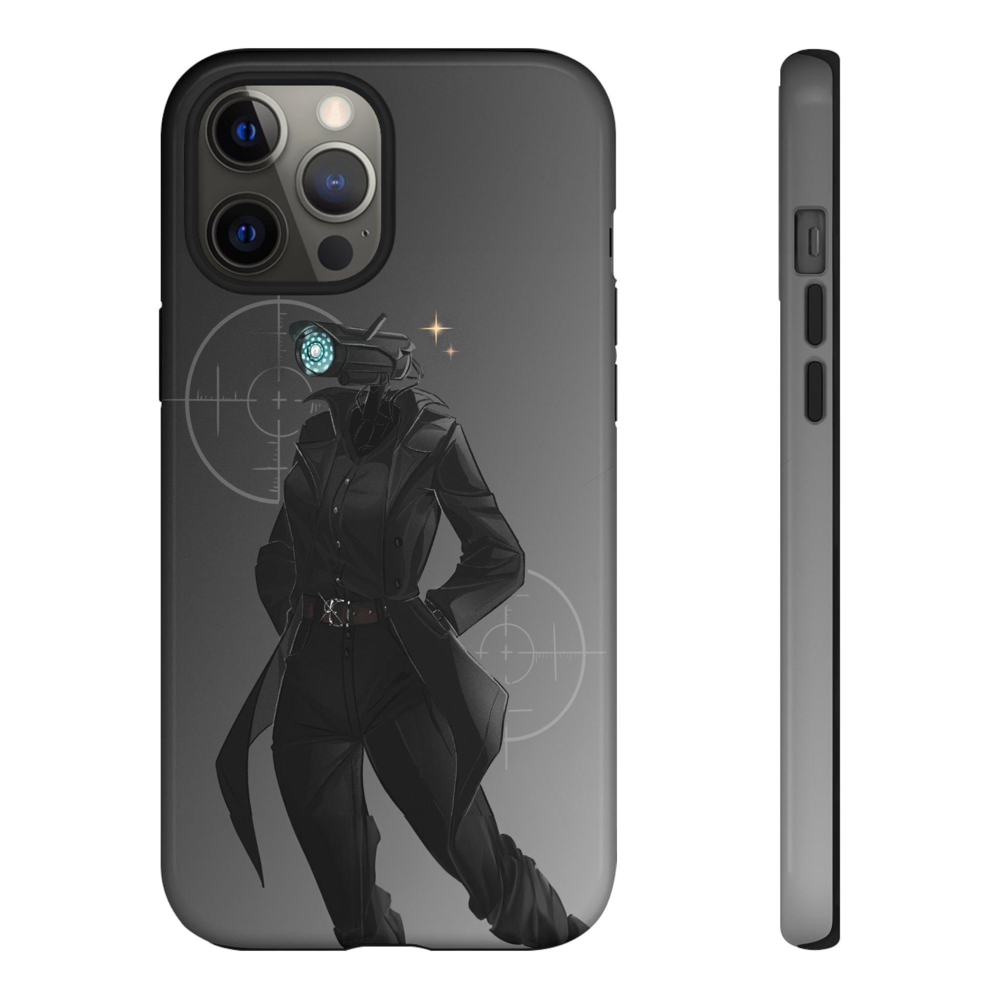 Phone case featuring Skibidi Toilet’s Camera Woman and crosshairs