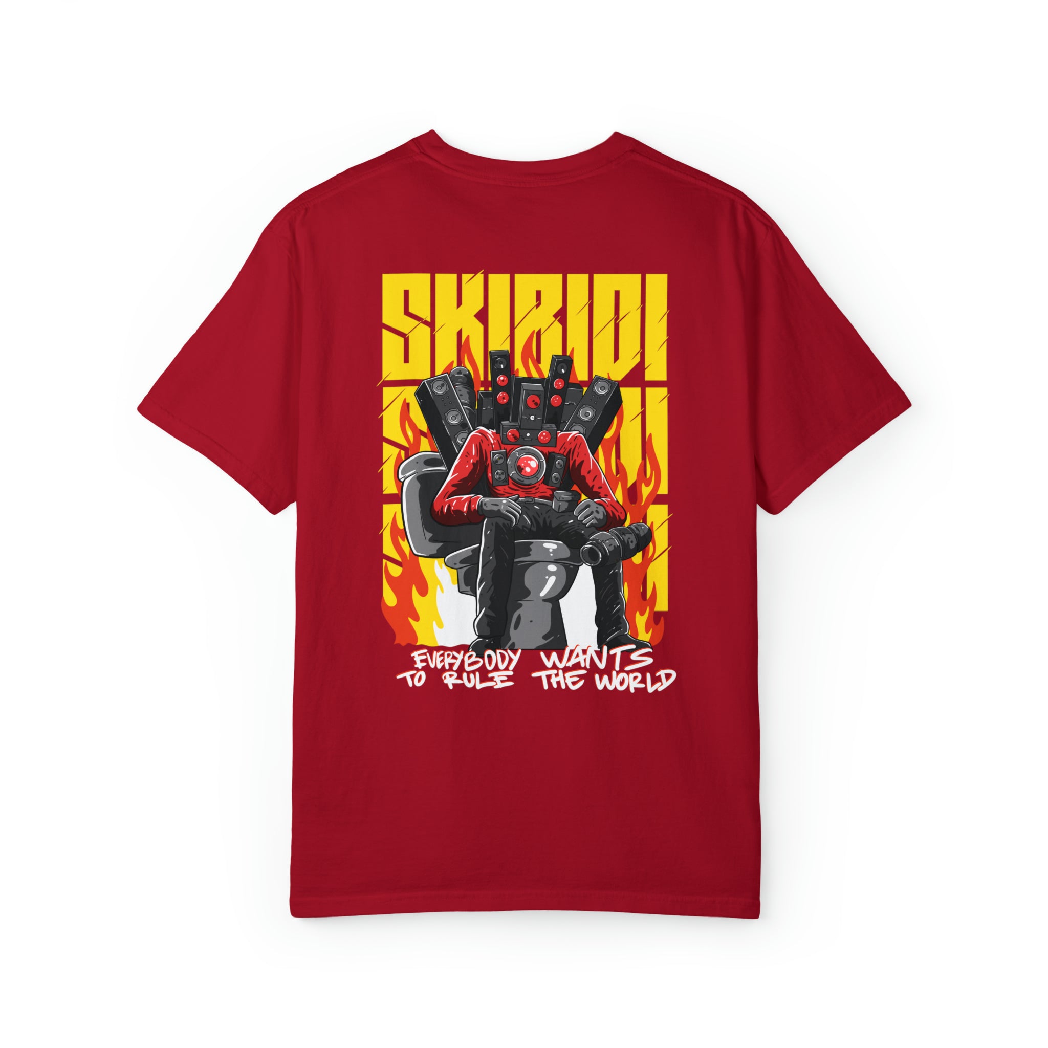 Red tee featuring the iconic titan from DaFuq!?Boom!  The Titan To Rule The World Red Tee White background