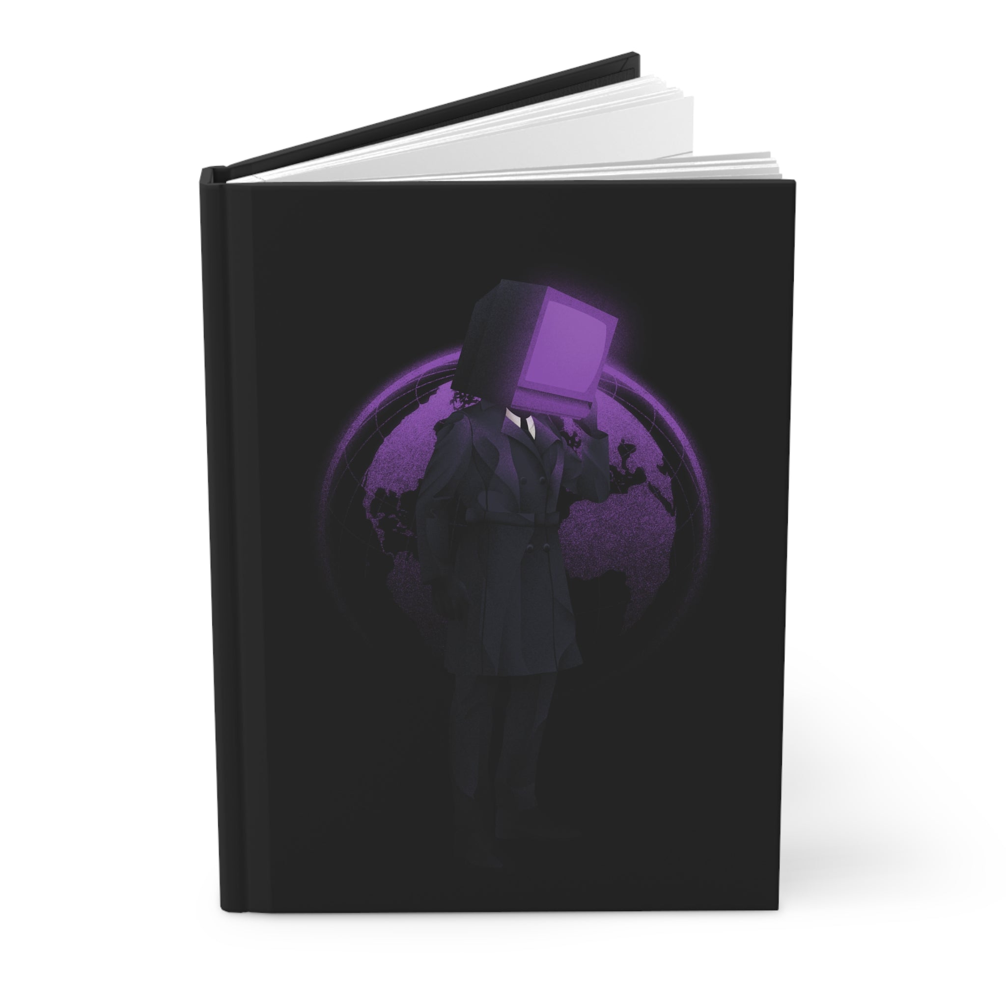 Black journal with TV Man looking over a purple world, visible pages