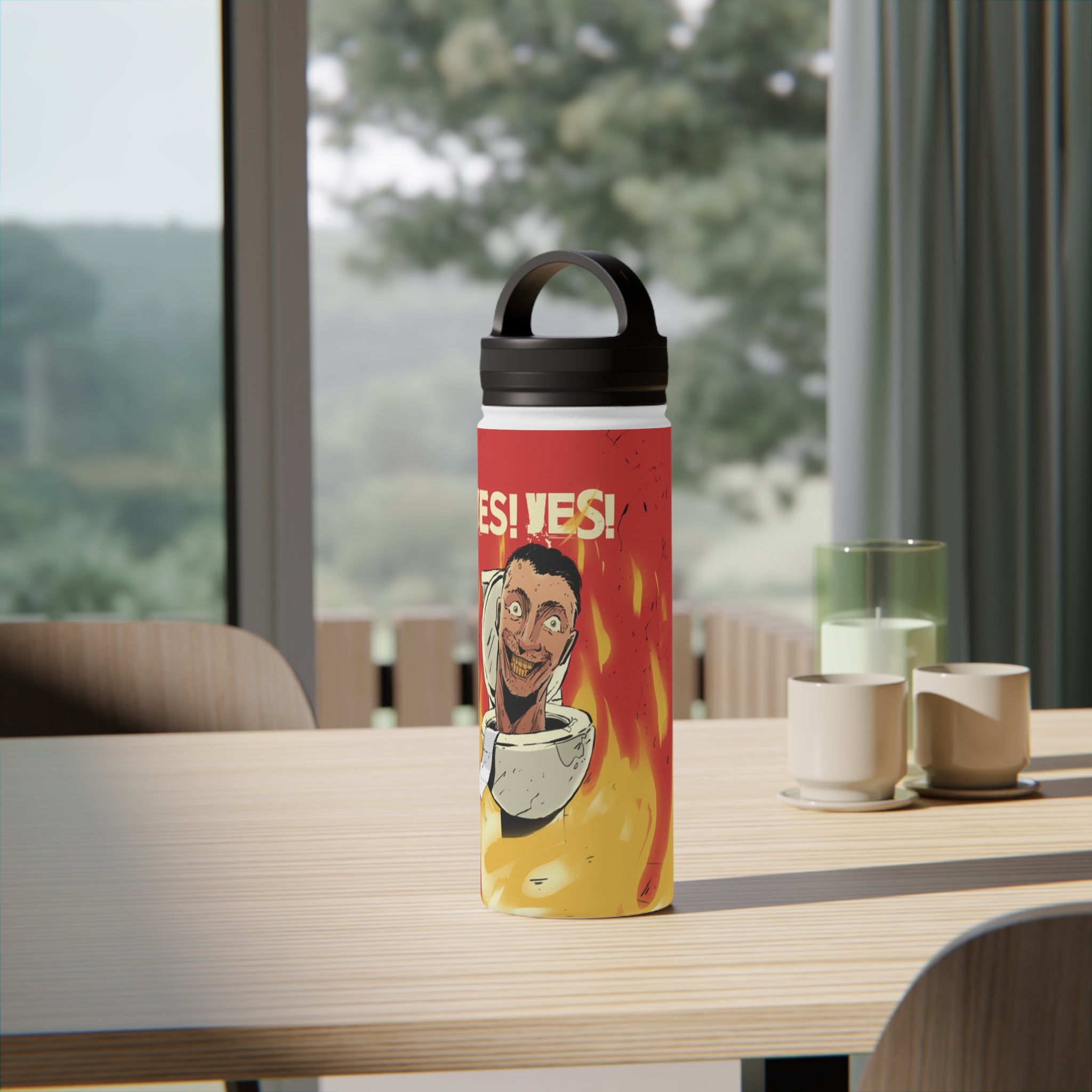 Yes! Yes! Water Bottle Stainless steel water bottle with Skibidi toilet against flames on scenic table in home vibe