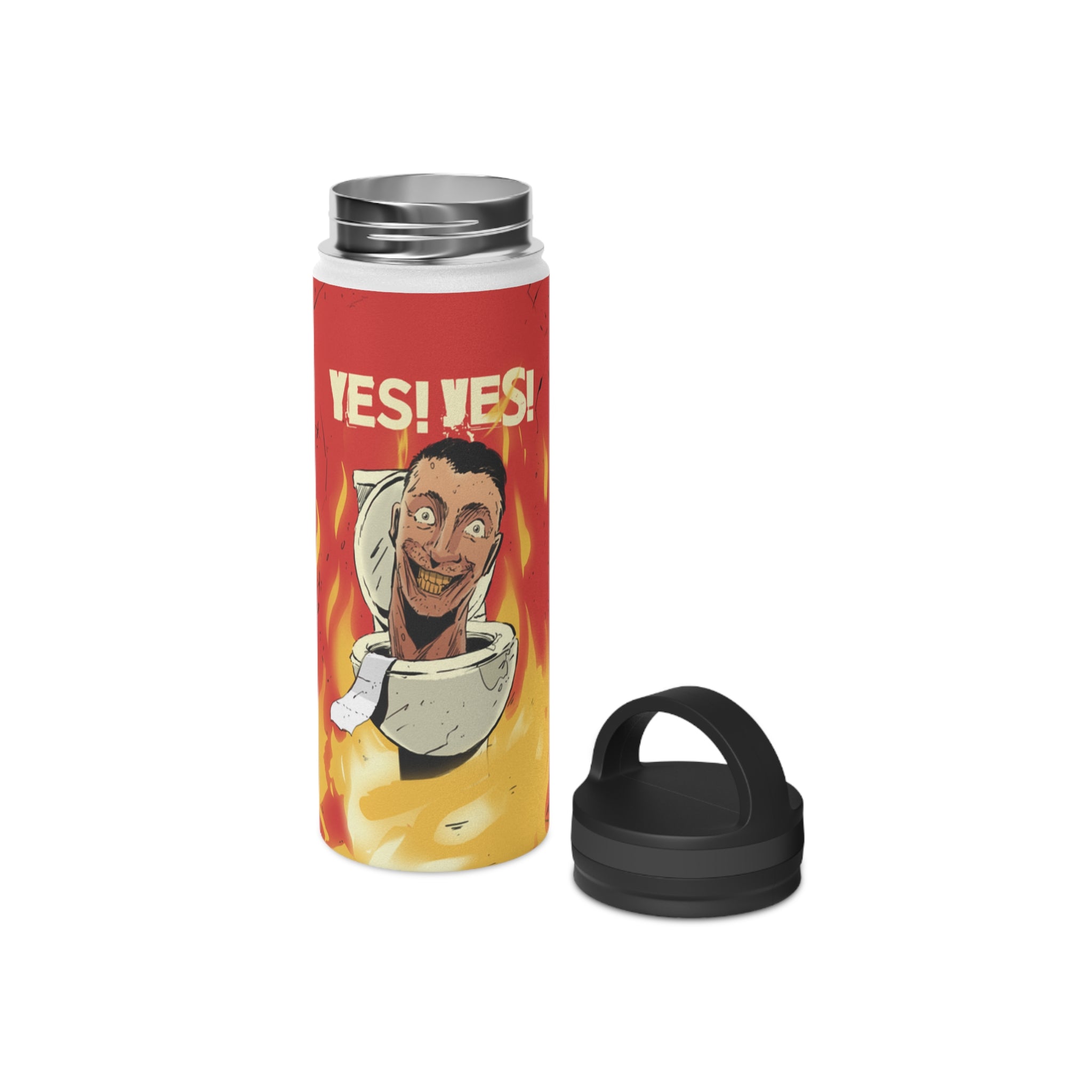 Yes! Yes! Water Bottle Stainless steel water bottle with Skibidi toilet against flames on background with bottle lid off 