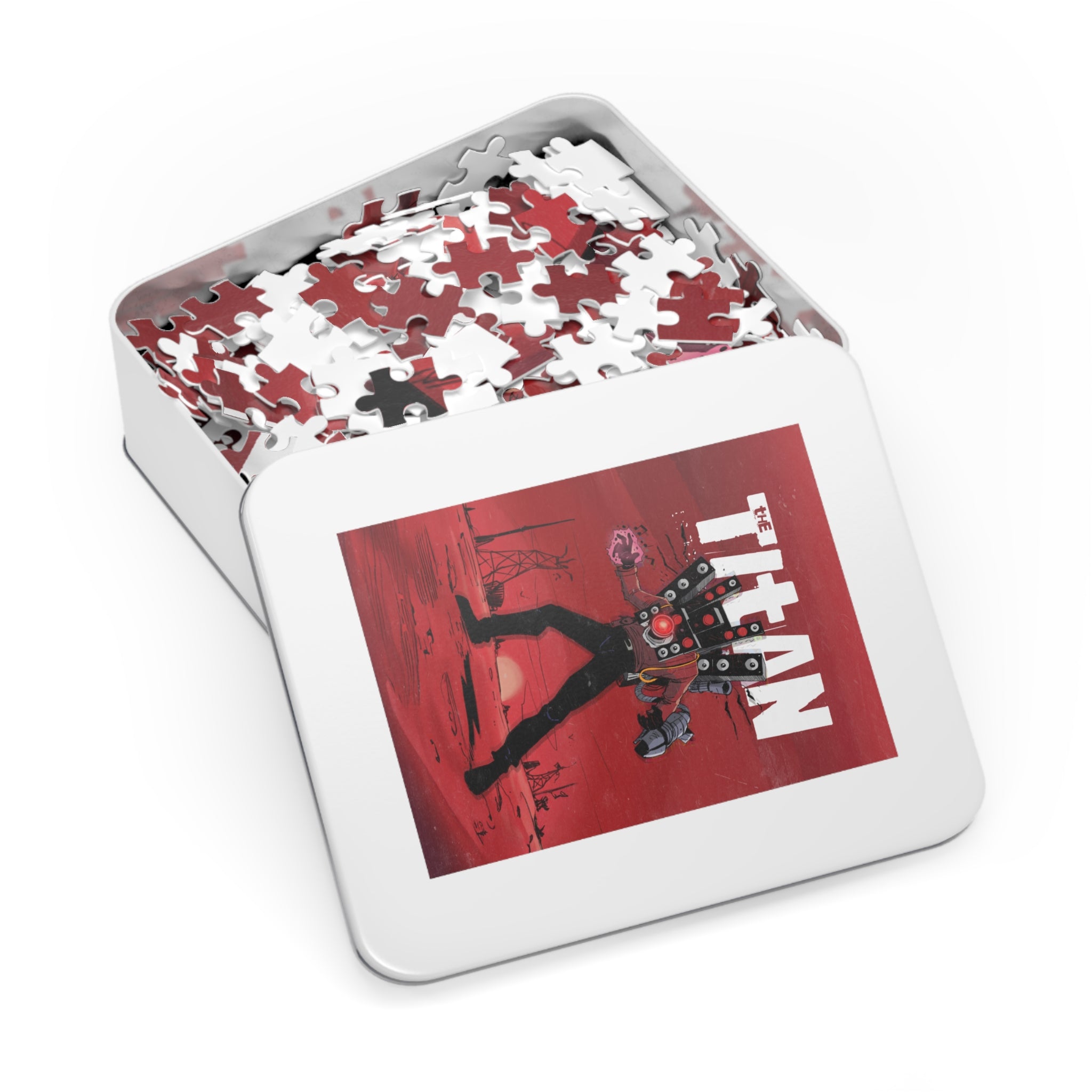 500-piece jigsaw puzzle showcasing Titan Speakerman design. white lid open pieces in box
