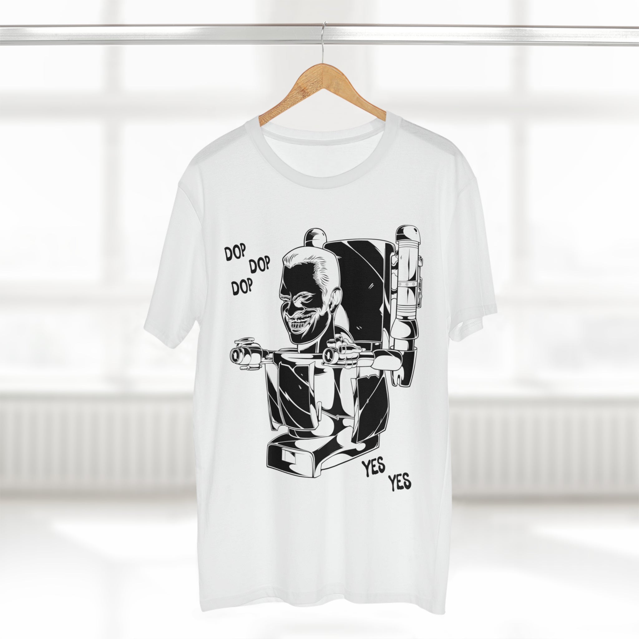 White tee with minimalistic G Man pop art on hanging in room