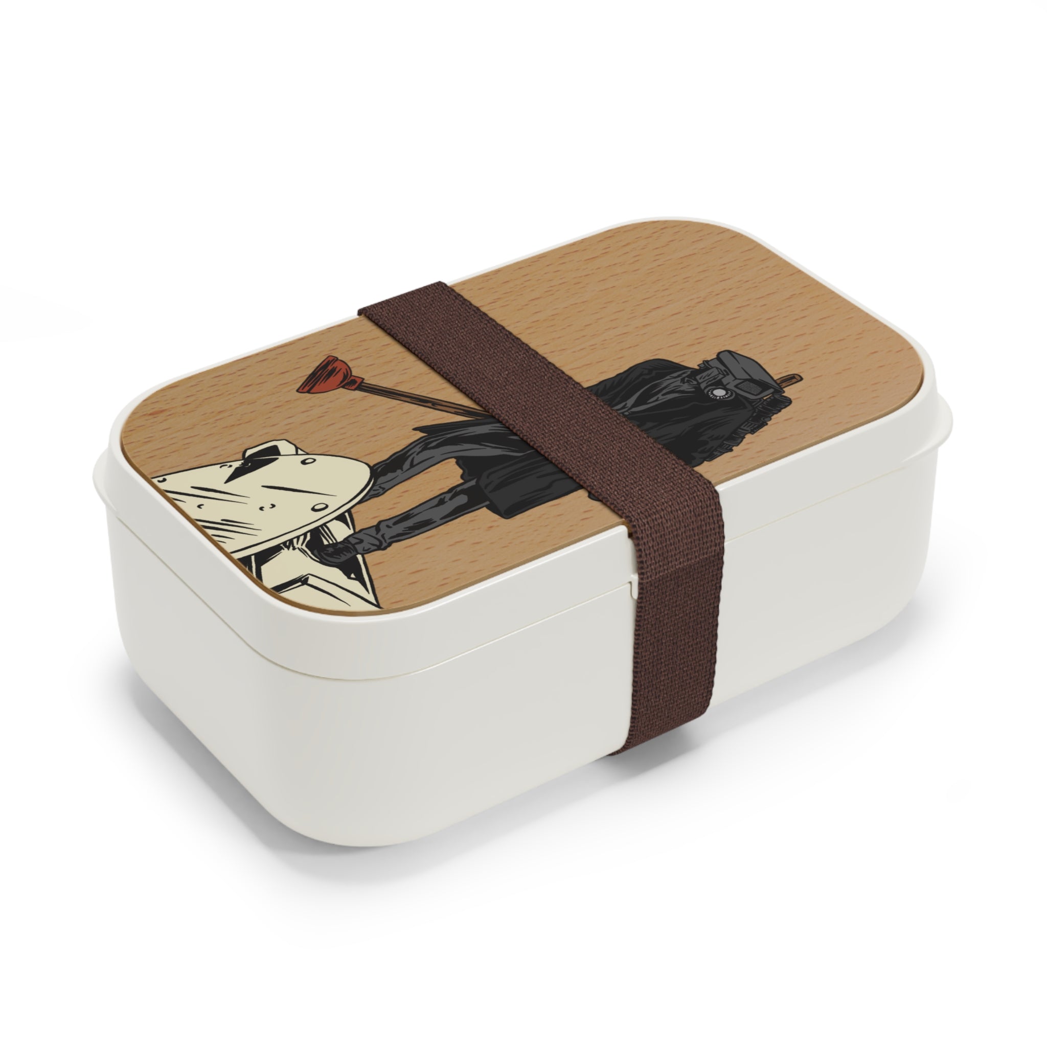 Plungerman atop toilet on bento box, wooden lid with brown elastic strap