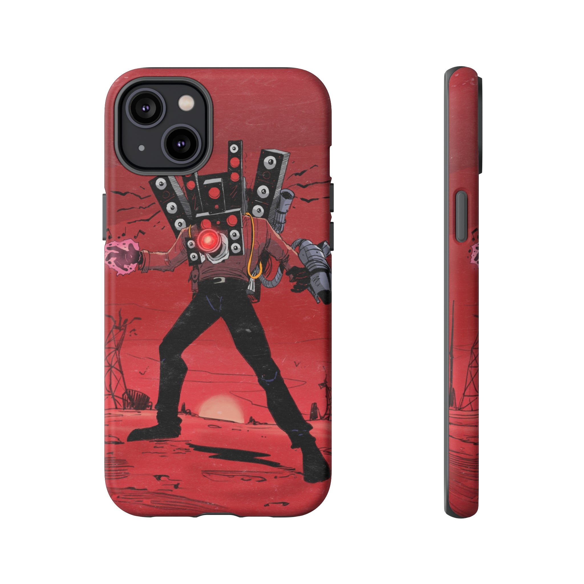 Red phone case featuring Titan Speakerman graphic.