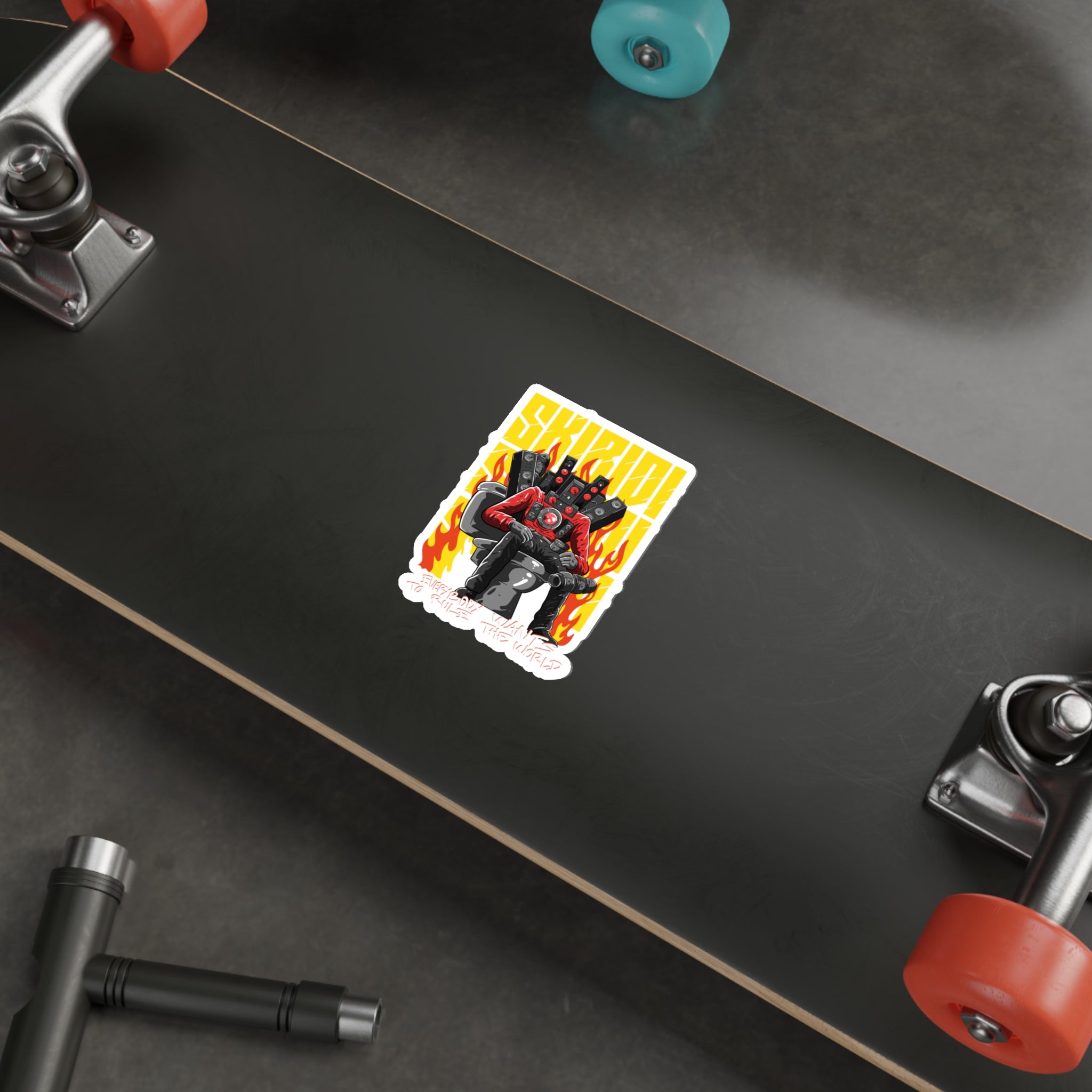 Titan Speakerman on fiery throne sticker To The Rule The World On a skateboard