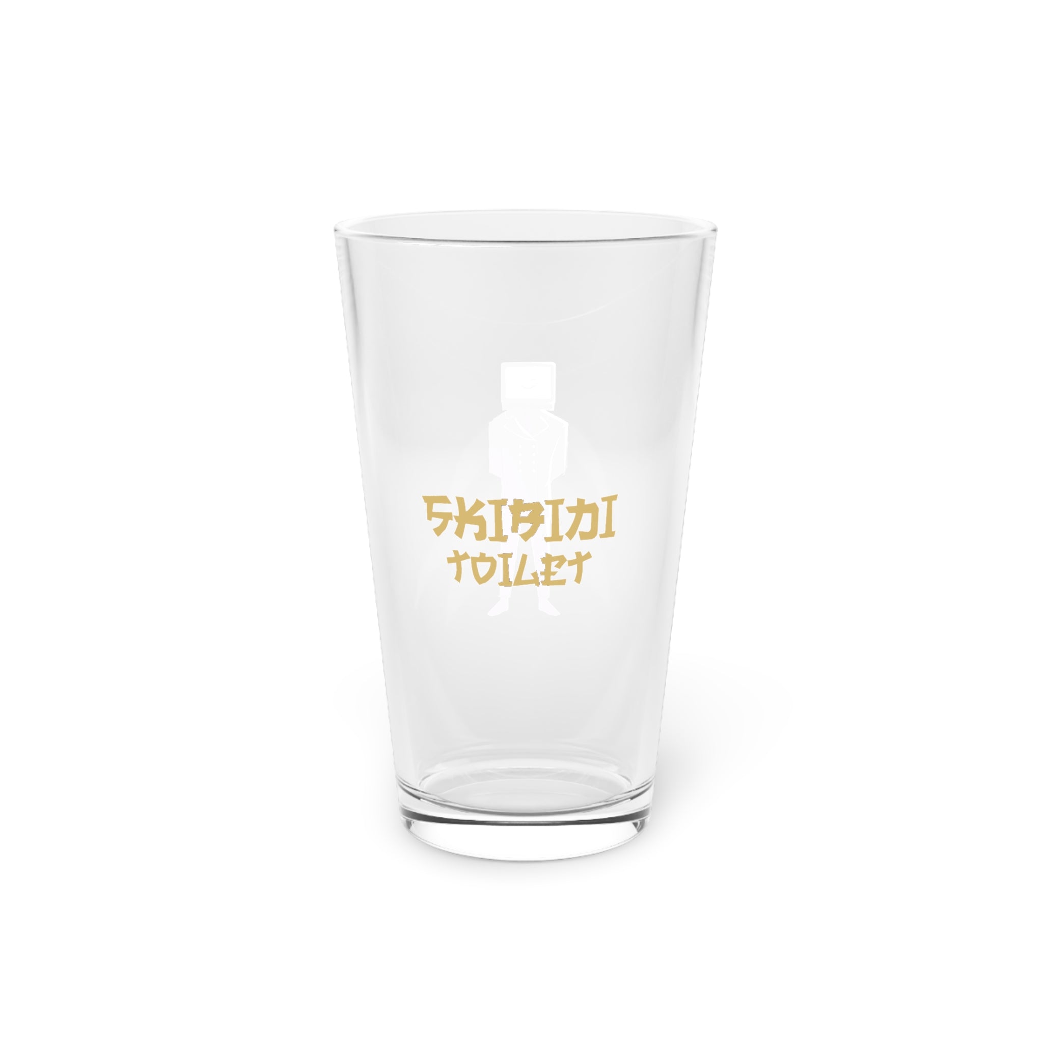 Pint glass with TV Man and Skibidi Toilet's golden lettering