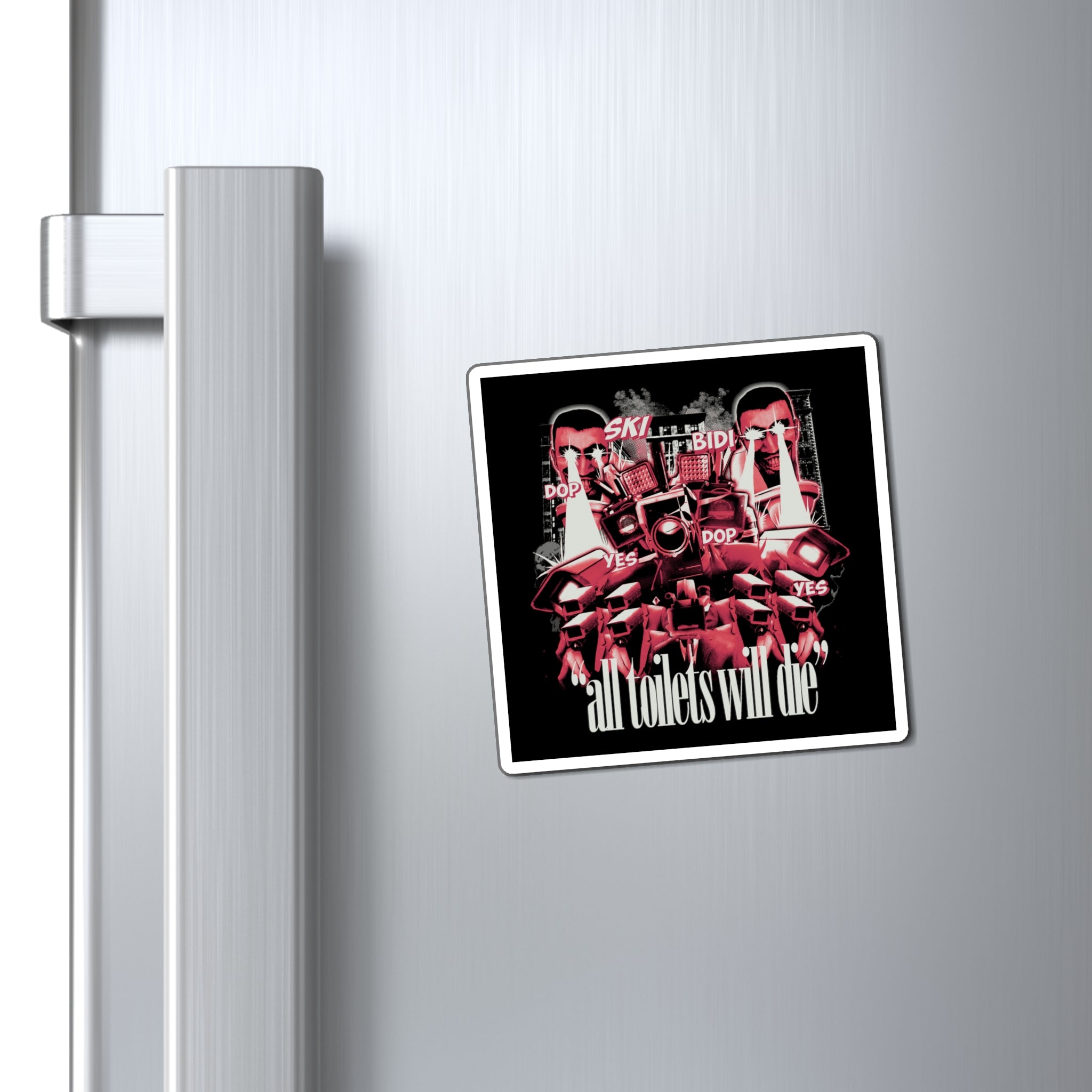 Skibidi toilets and cameraman collage magnet, black background, stuck on silver fridge