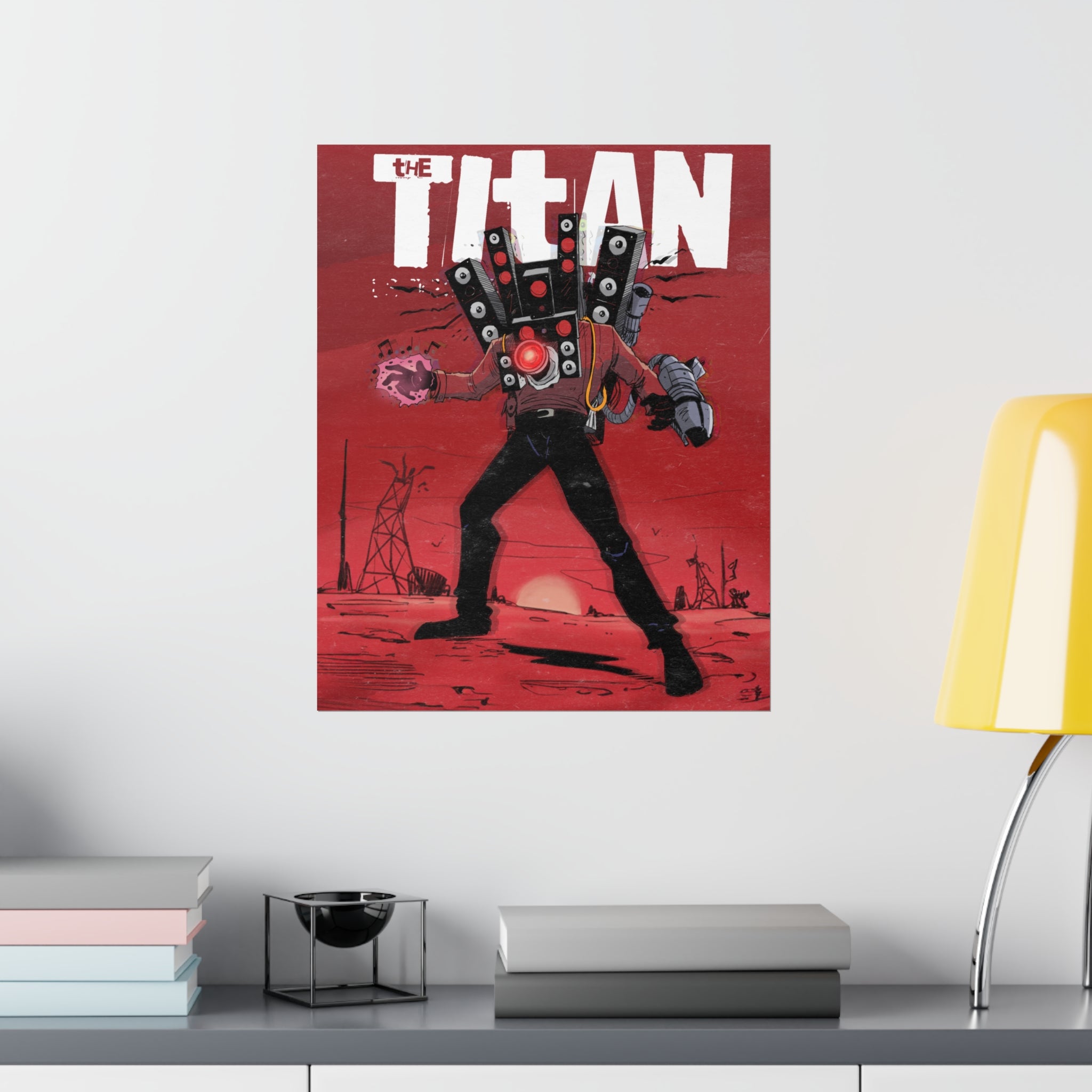 Artistic poster of Titan Speakerman against a red background. its on a white wall with lamp books shelf