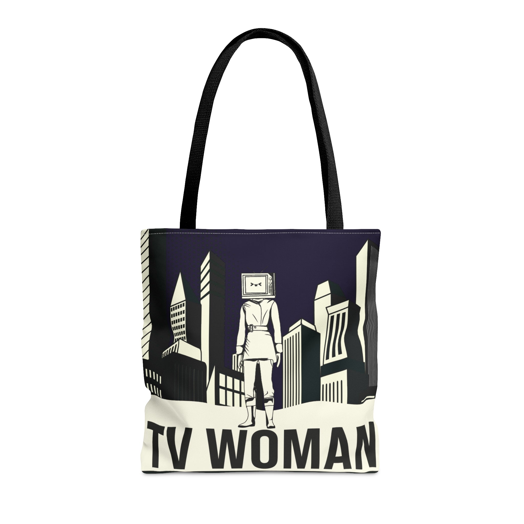 16x15 tote bag with a posterized image of TV Woman and city backdrop.