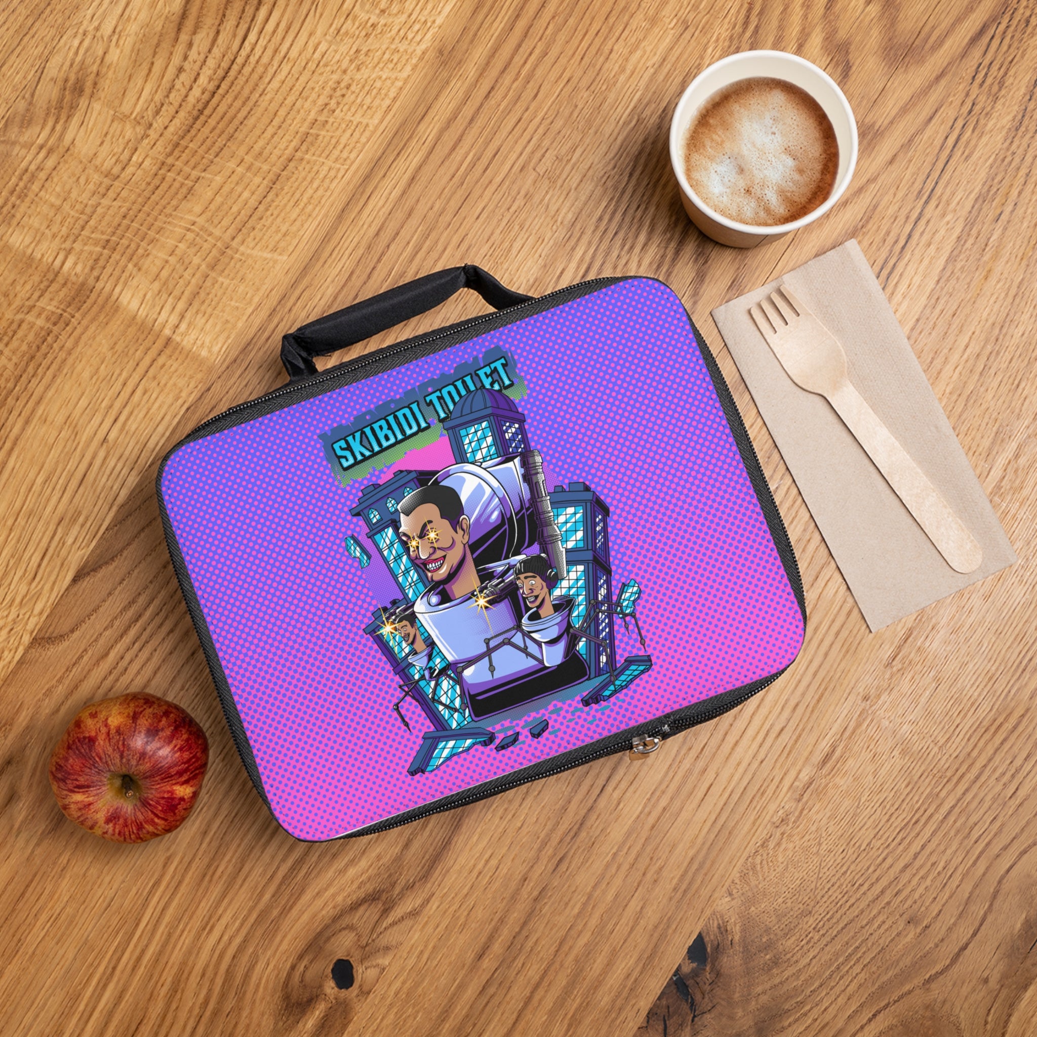 Skibidi takeover lunch bag on wooden table, purple gradient, apple, fork and coffee