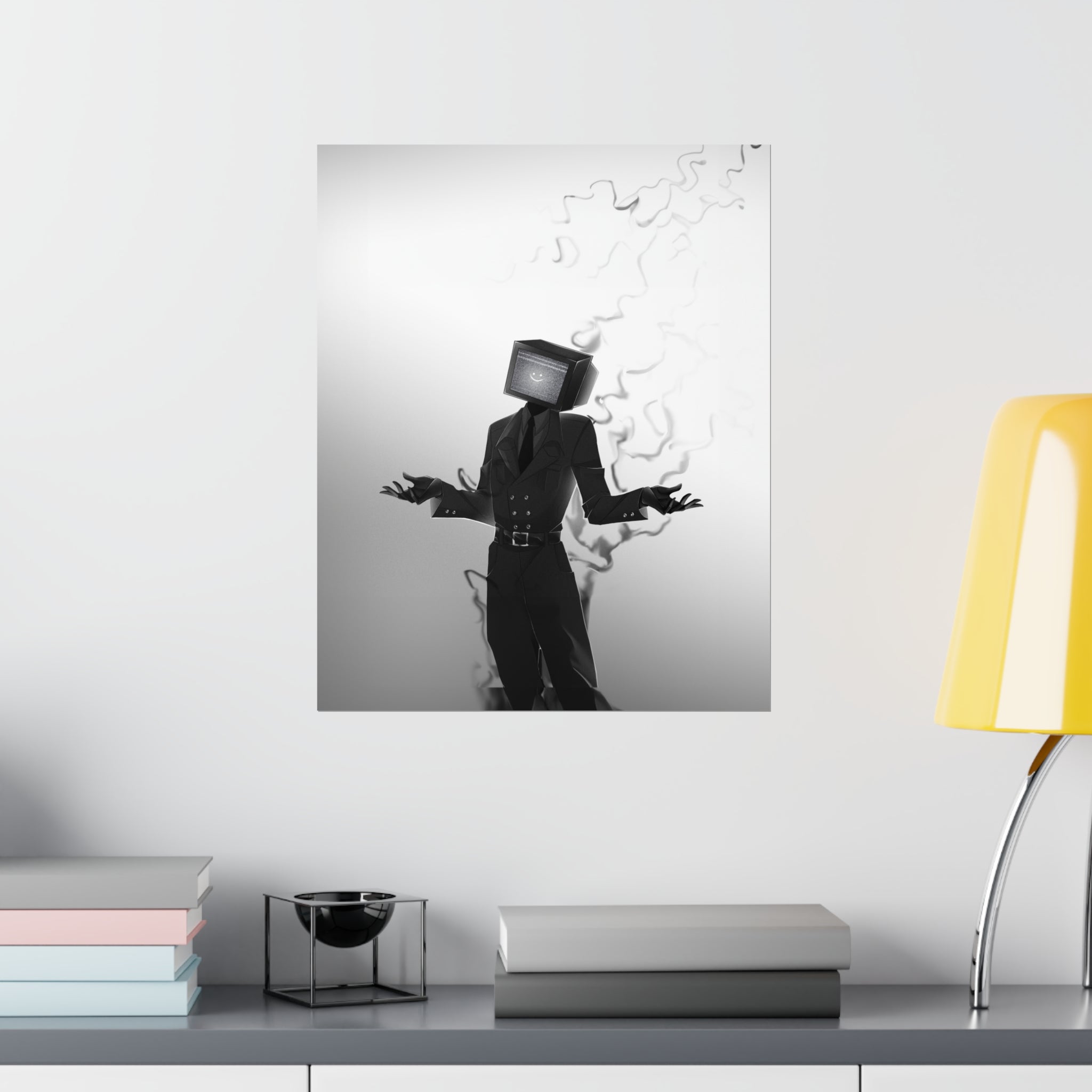 Moody gradient TV Man surrounded by smoke framed art print over credenza with yellow lamp and books
