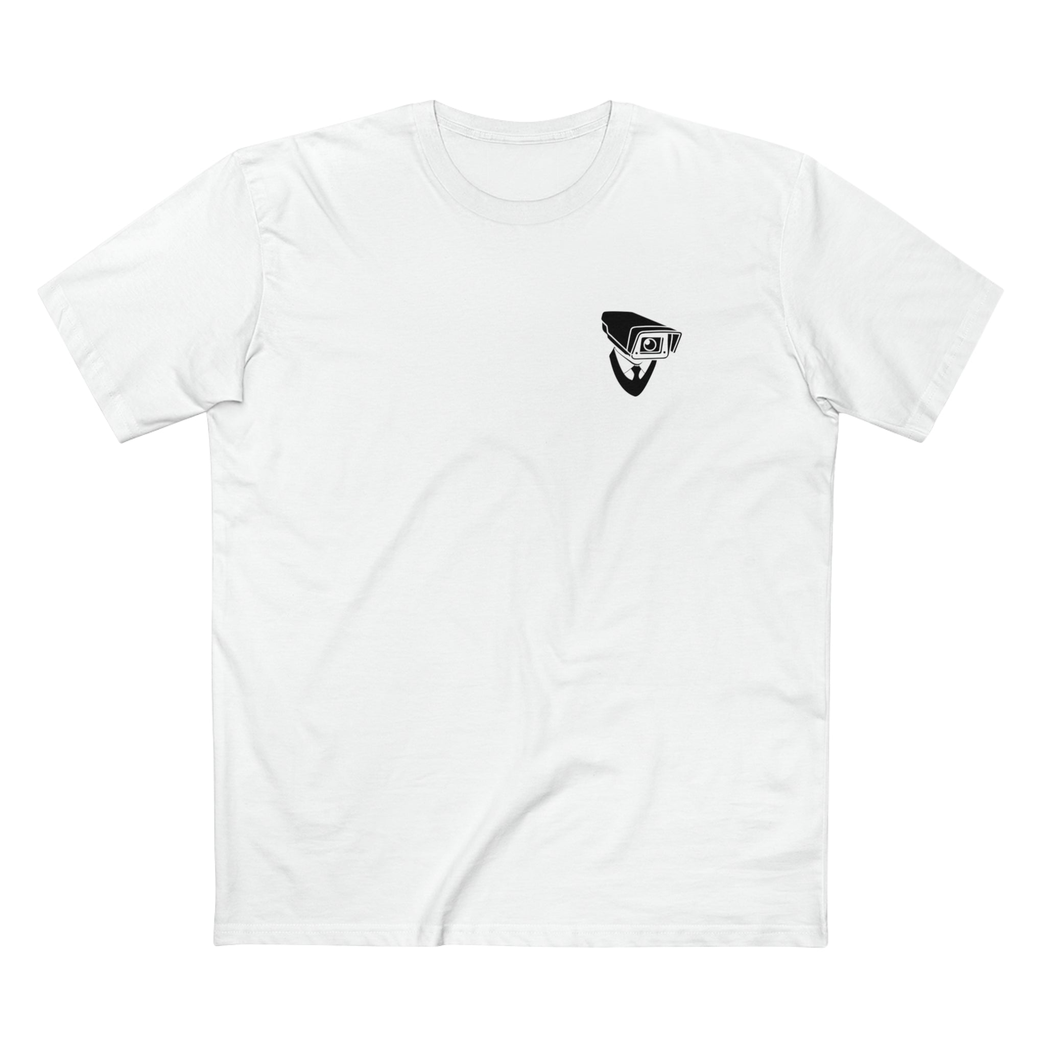 Surveillance Tee with iconic cameraman logo breast hit White Tee on White Background