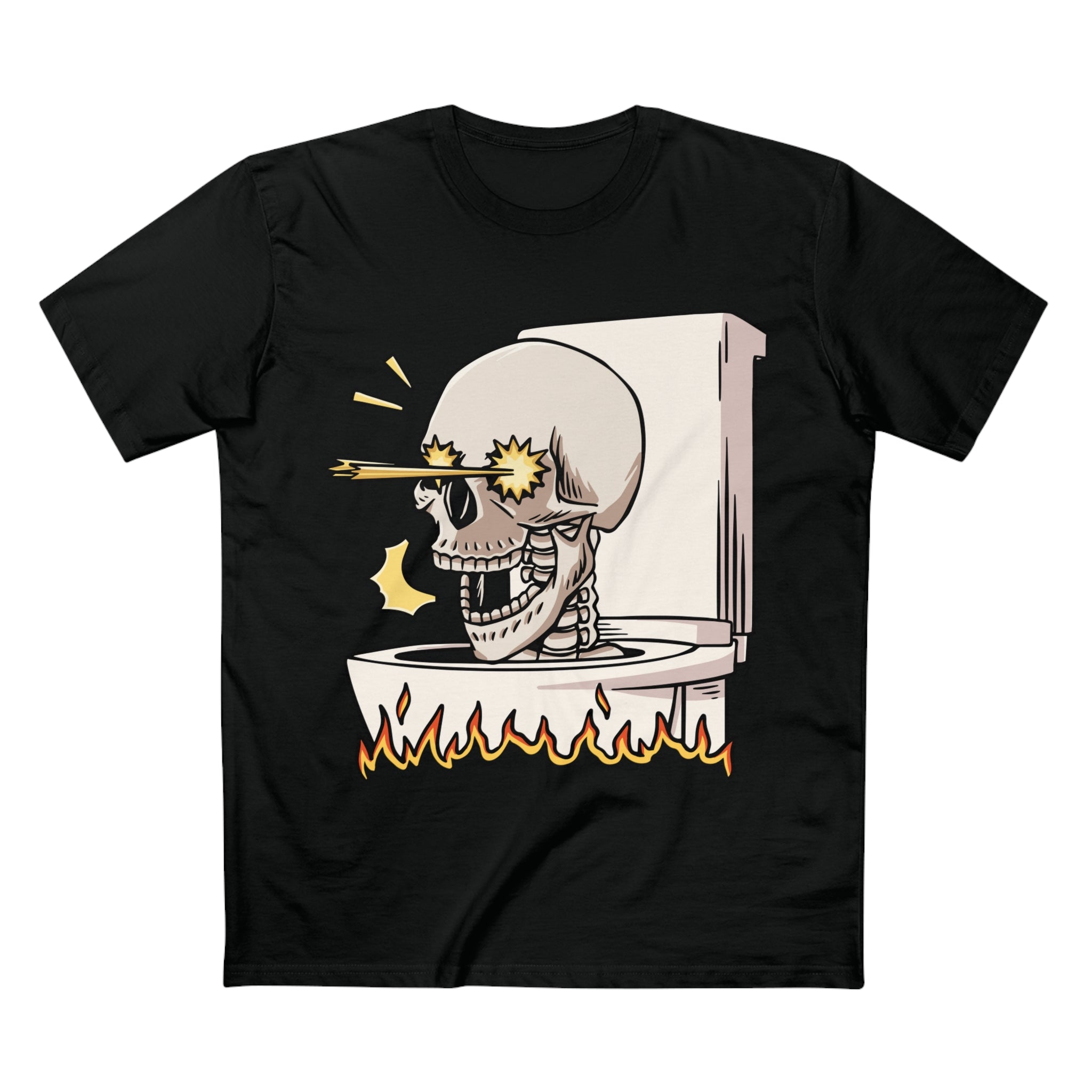 Black tee with fiery Skibidi toilet and laser-eyed skull graphic