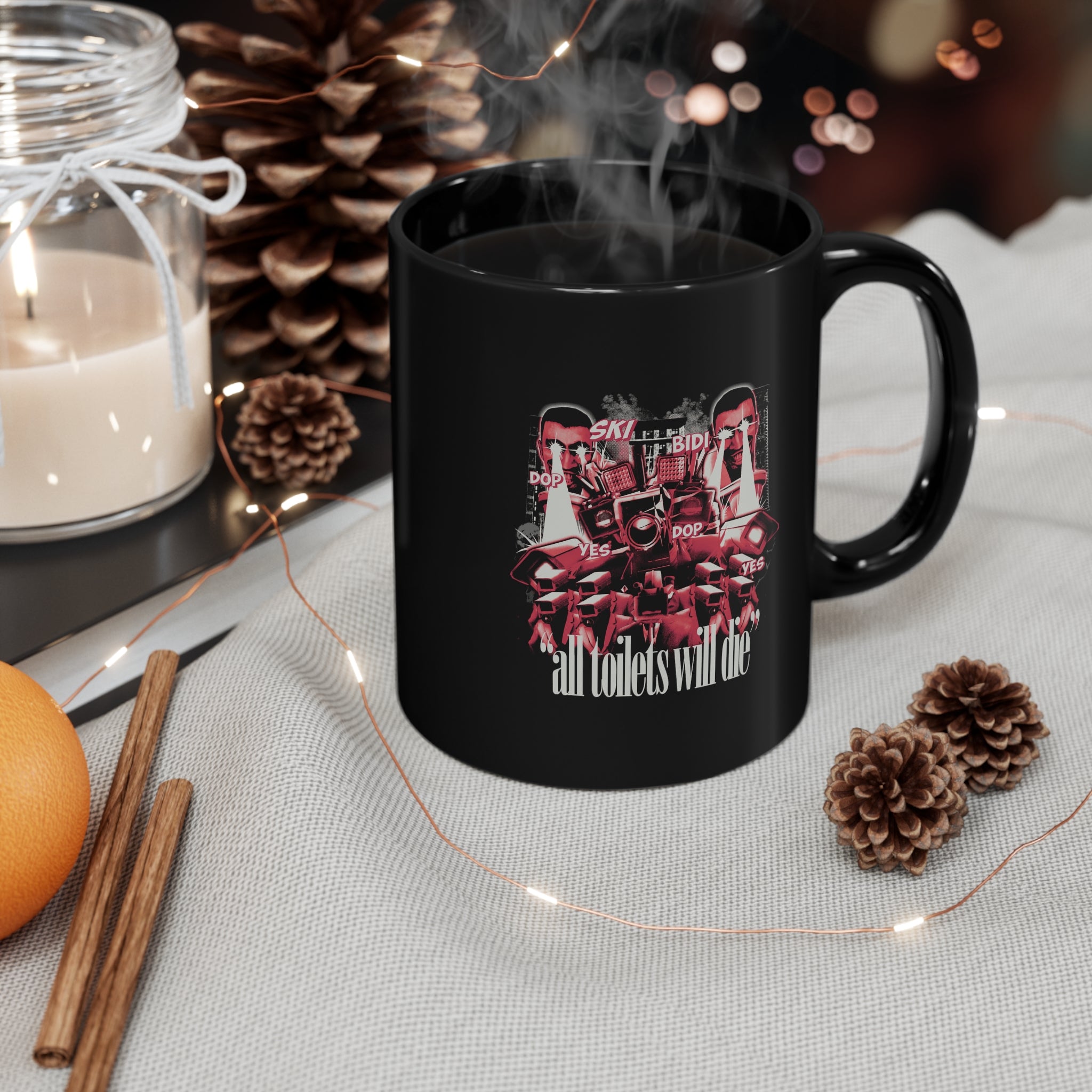 Skibidi streetwear collage mug design, black mug, glossy finish, mug on table with pinecones and steam and hot cocoa with cinnamon sticks