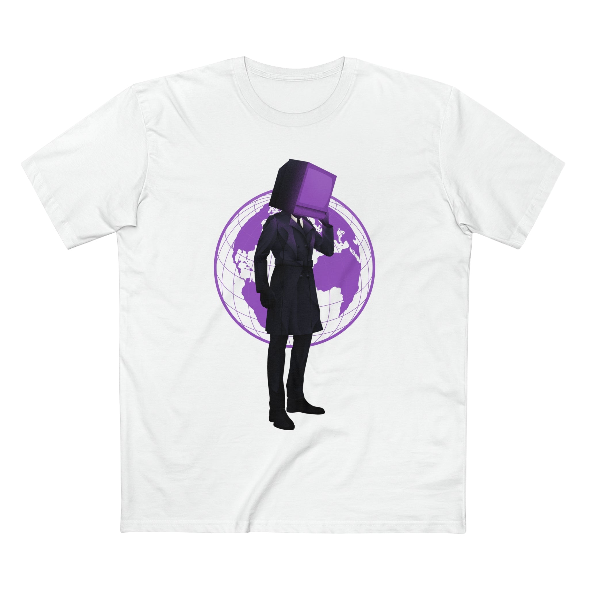 white tee featuring TV Man with a purple-glow world, white tee