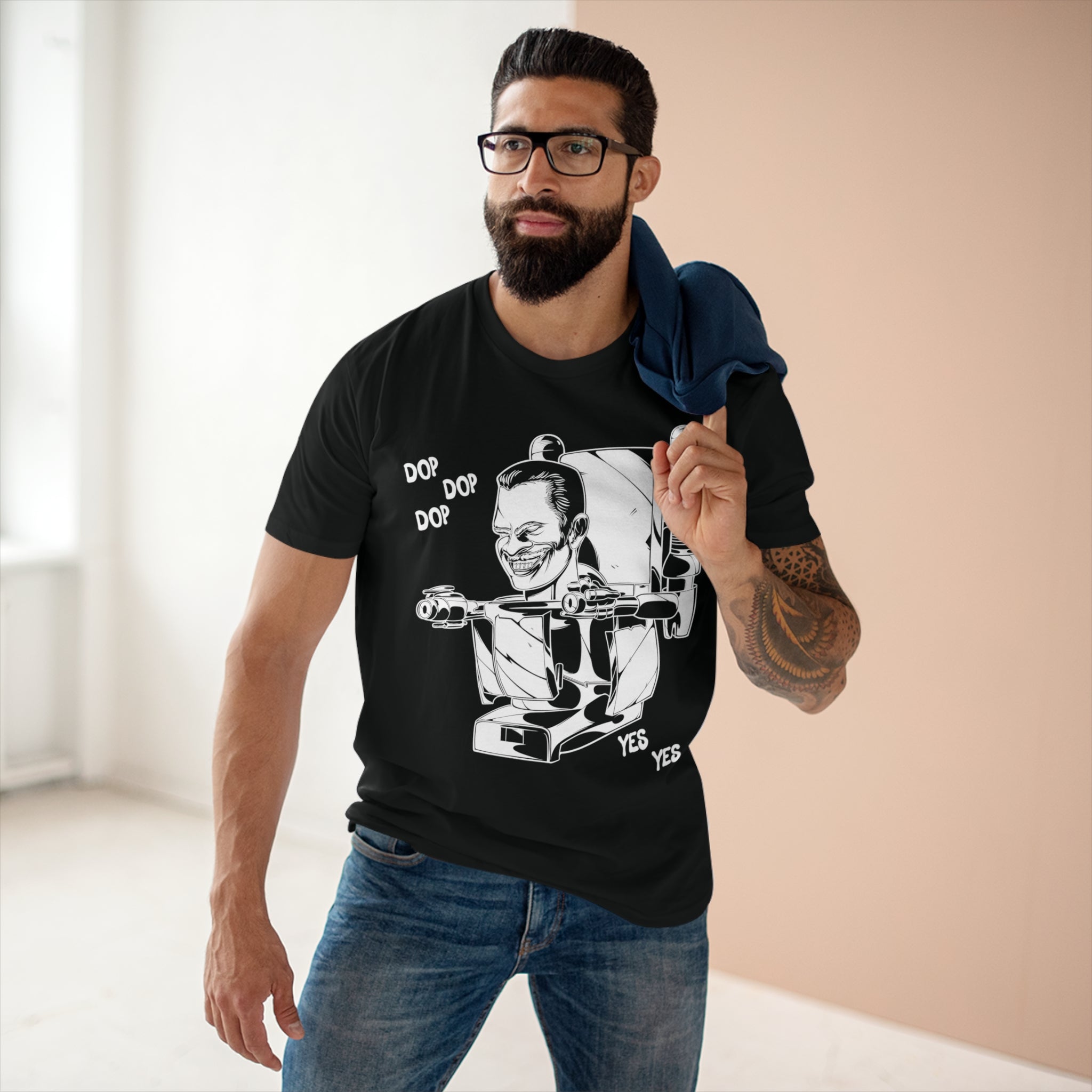 Black tee with minimalistic G Man pop art on male model with glasses in room