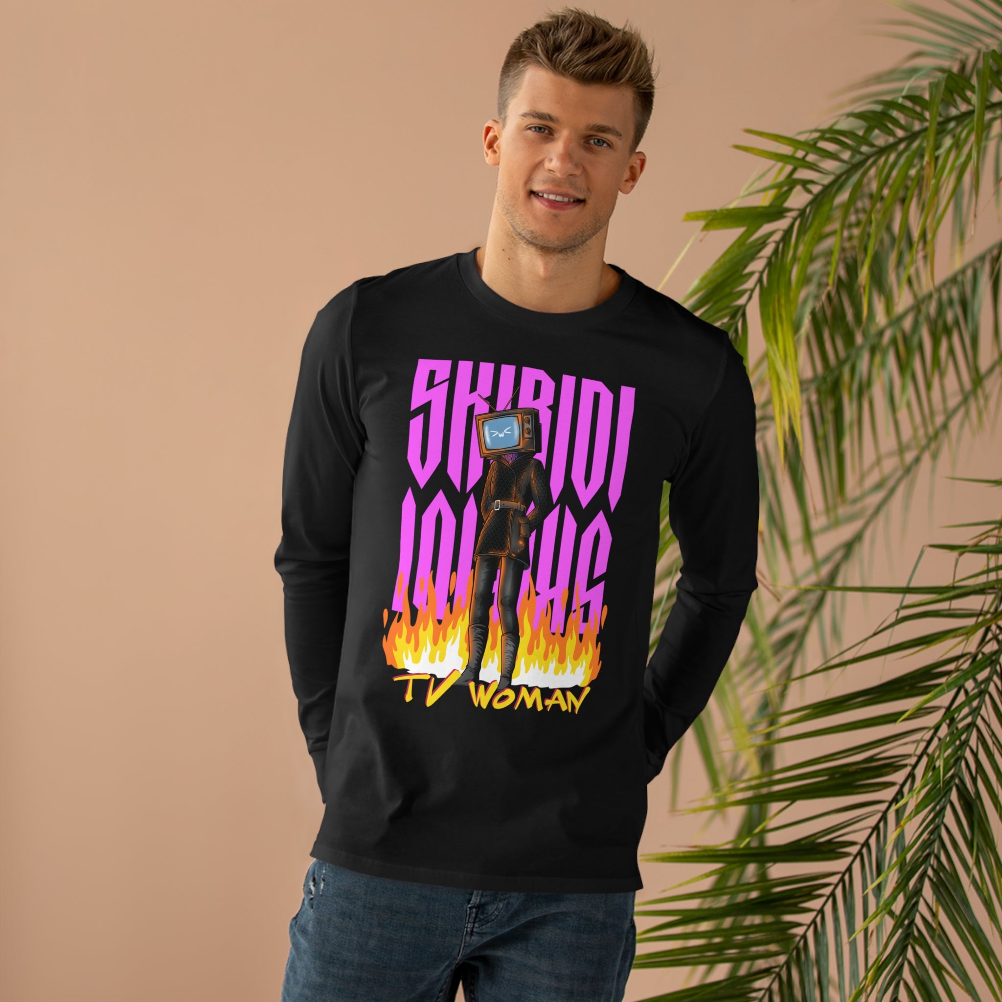 Black long sleeve with TV Woman in front of fire and SKIBIDI SKIBIDI logo
