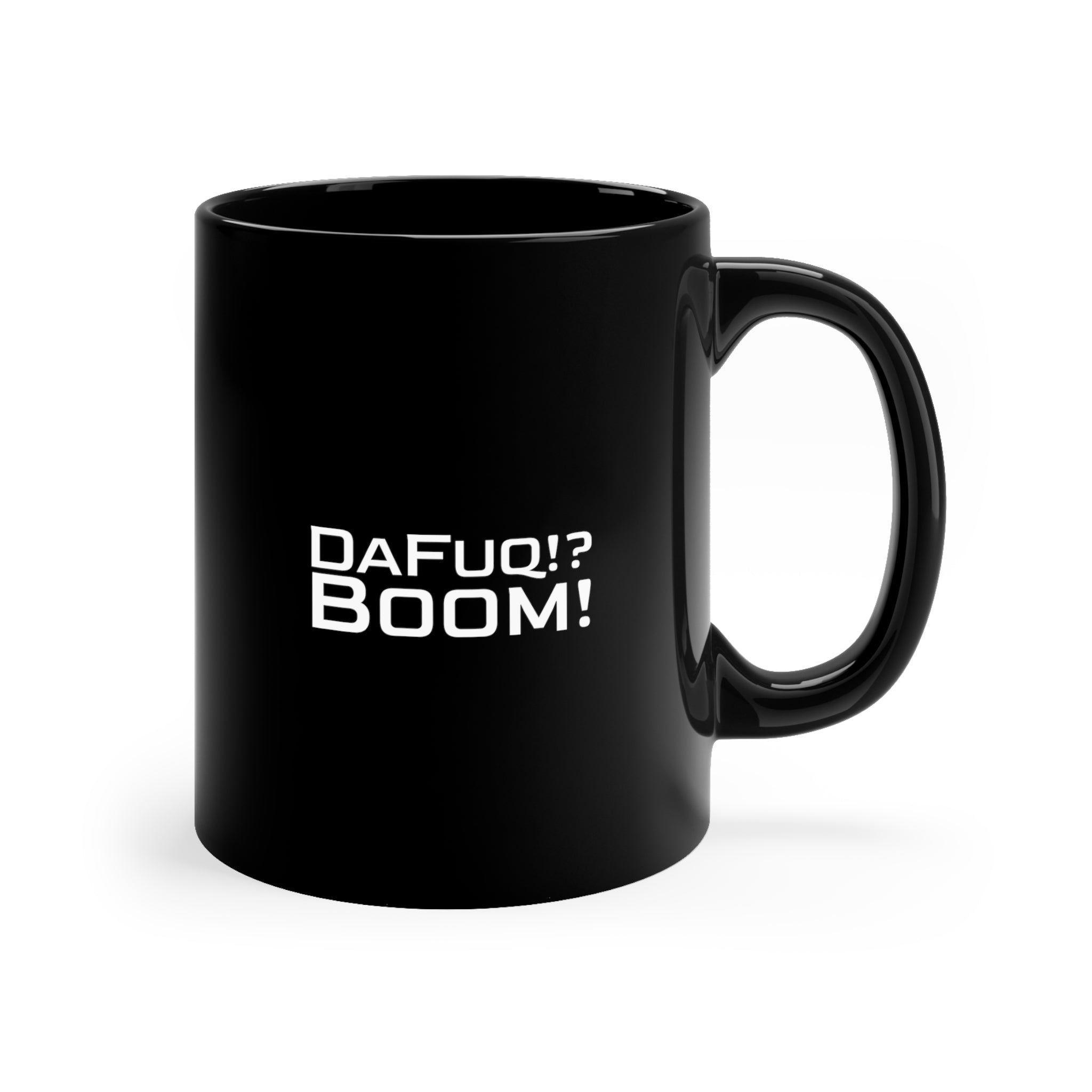 Glossy black mug with DaFuq!?Boom! logo and camera icon
