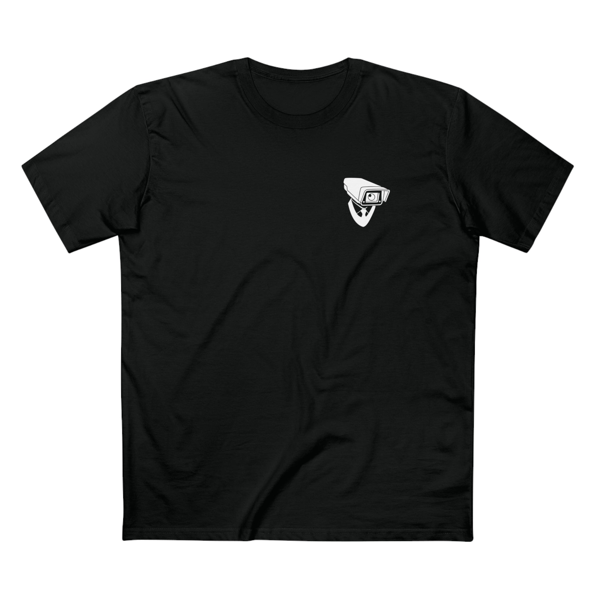 Surveillance Tee with iconic cameraman logo breast hit Black Tee on White Background
