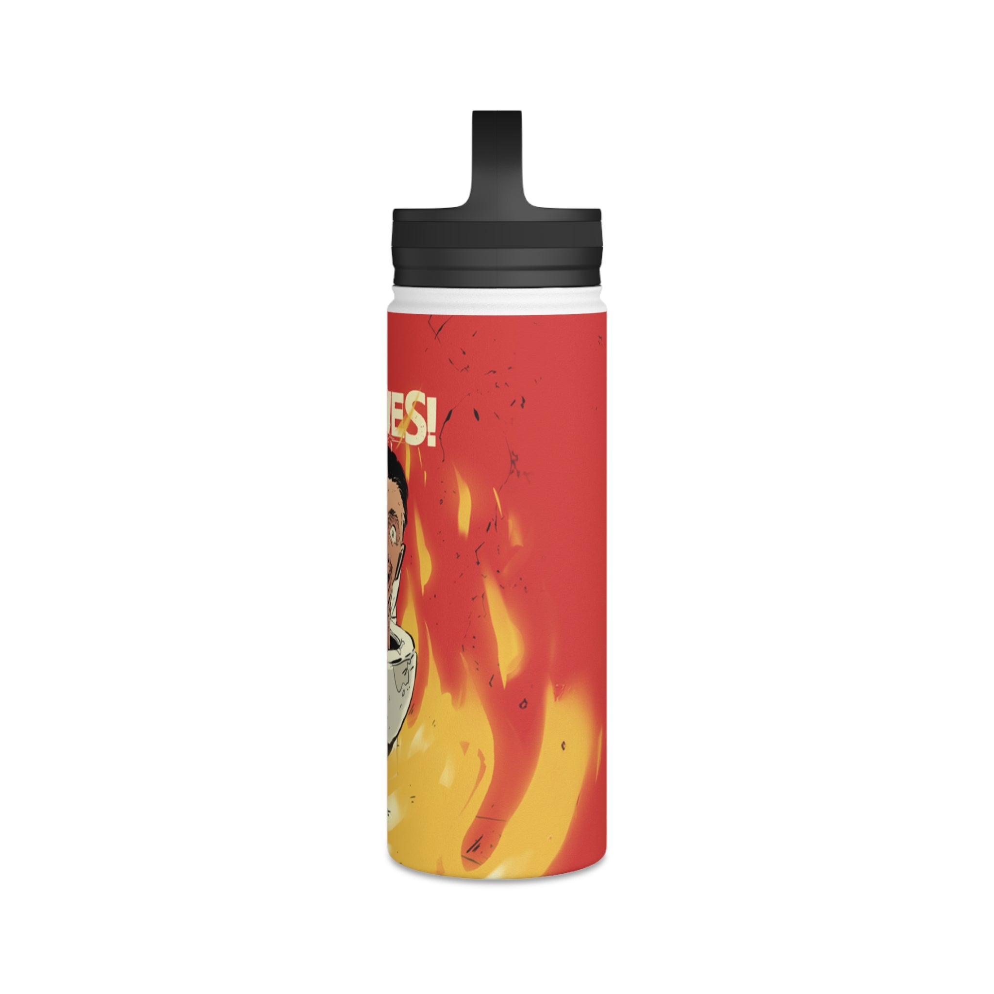 Yes! Yes! Water Bottle Stainless steel water bottle with Skibidi toilet against flames on white background