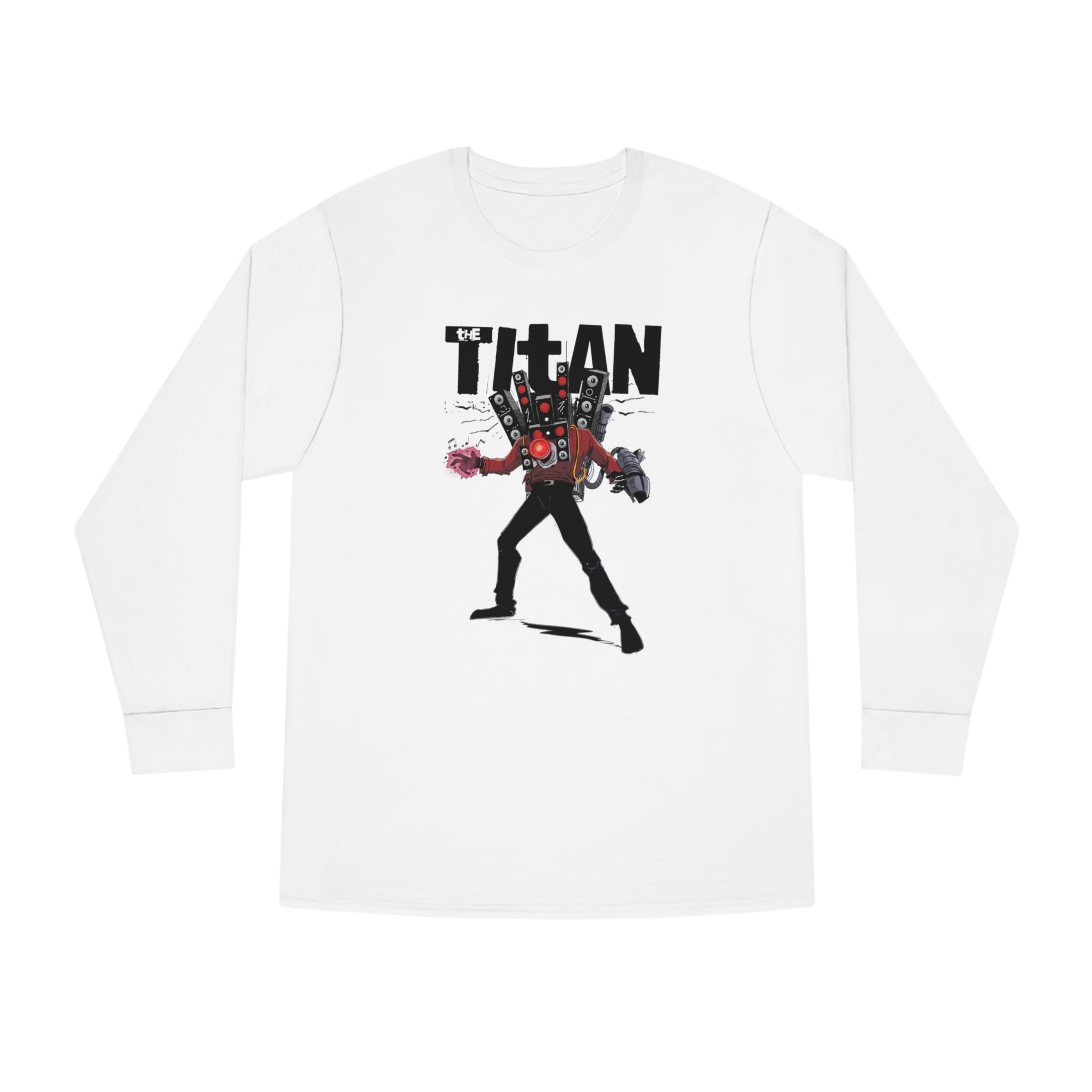 White long sleeve shirt with a centered Titan Speakerman graphic.