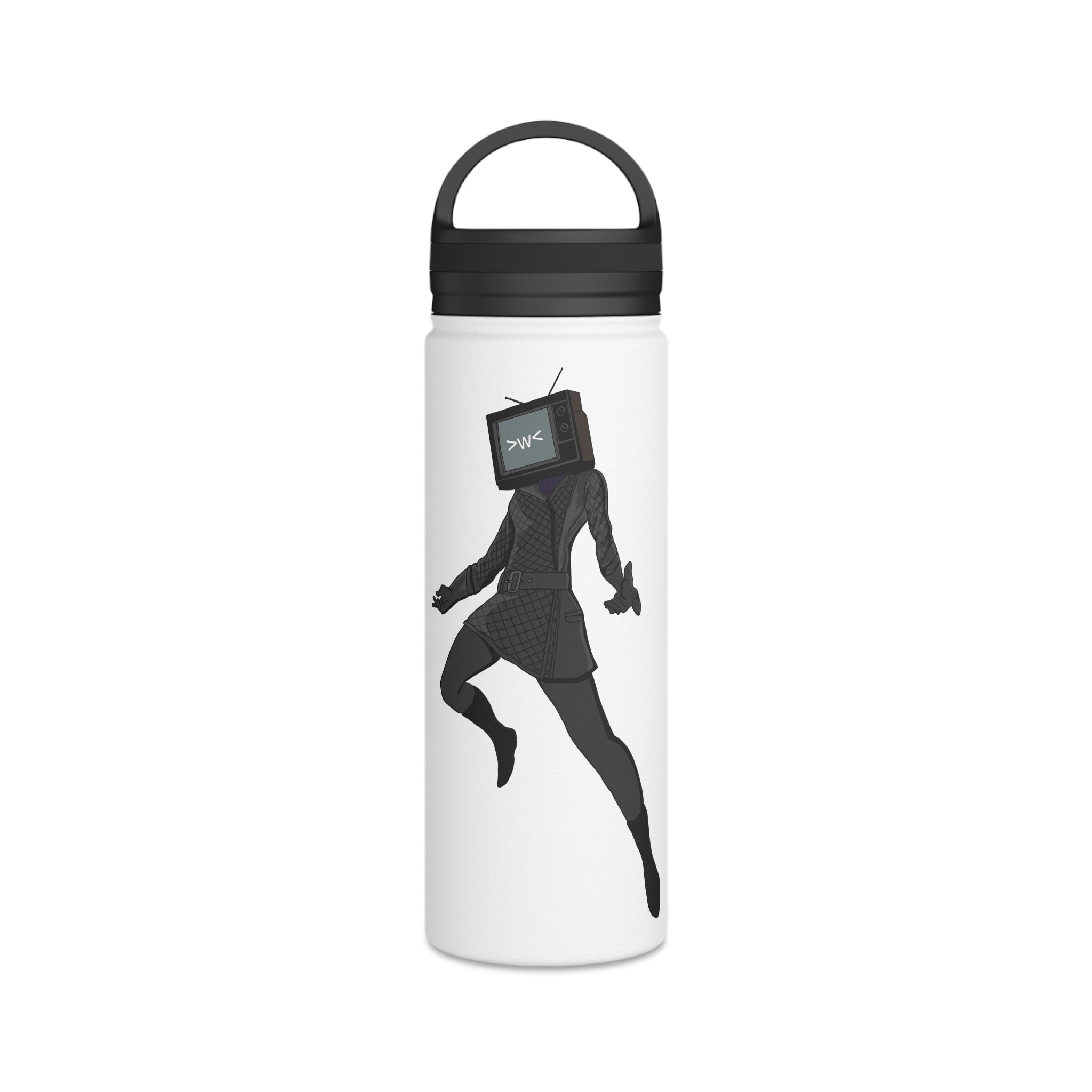 Water bottle featuring jumping TV Woman illustration on white wate bottle