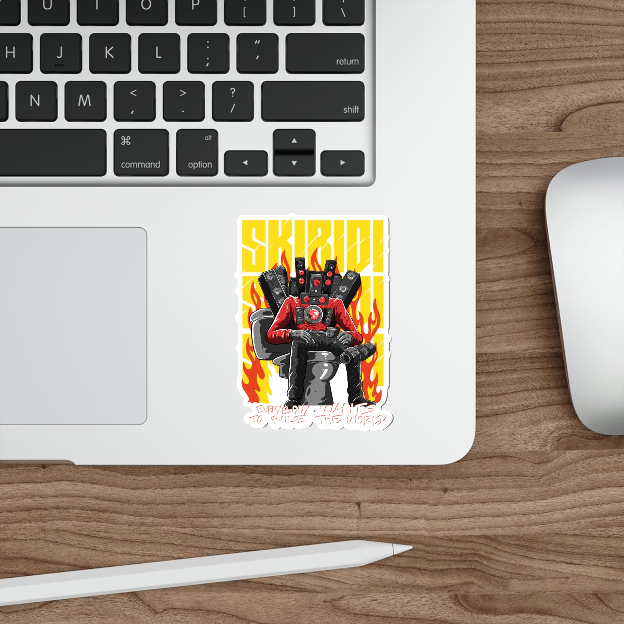 Titan Speakerman on fiery throne sticker To The Rule The World On laptop background