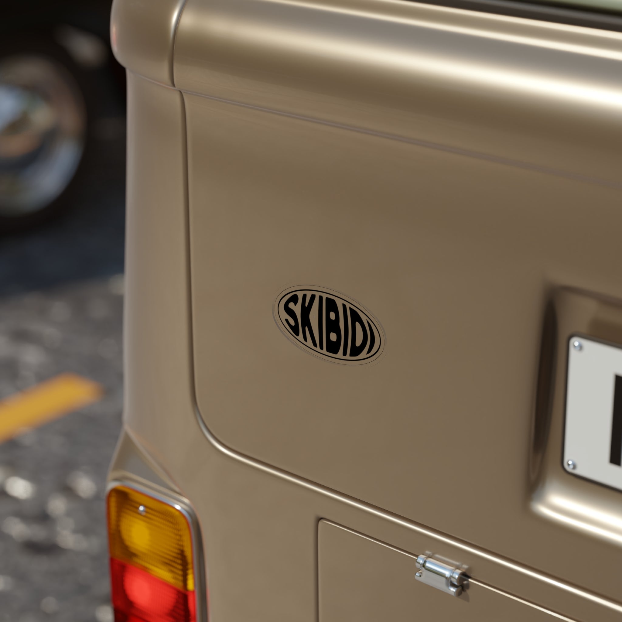 Black and white sticker with SKIBIDI oval emblem design on van