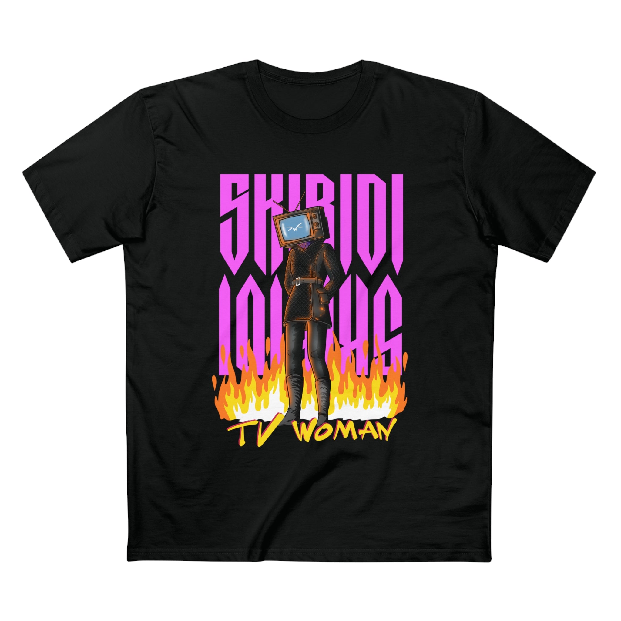 Black adult tee with fiery TV Woman illustration from Skibidi