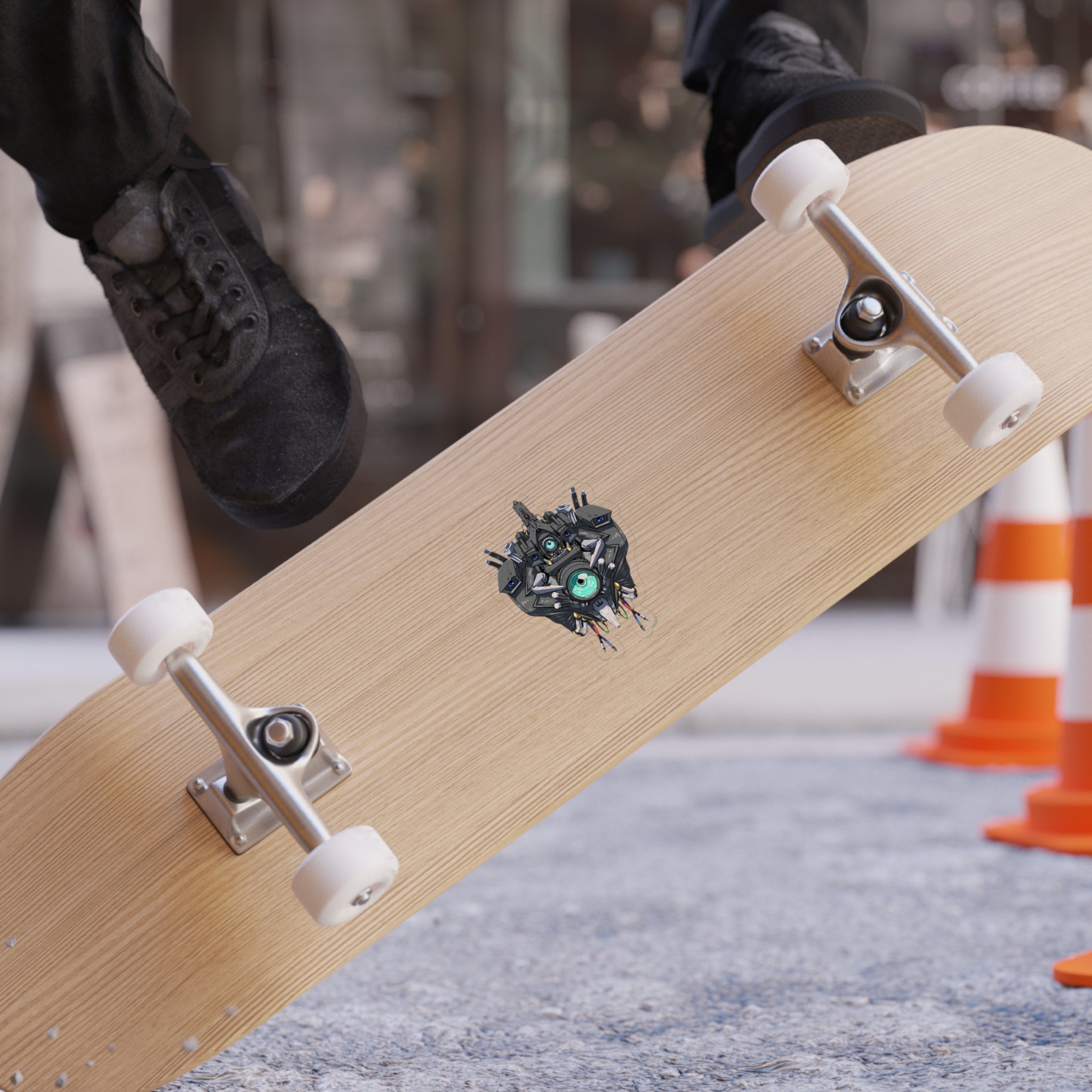 Sticker of detailed Titan Cameraman's head on wooden skateboard