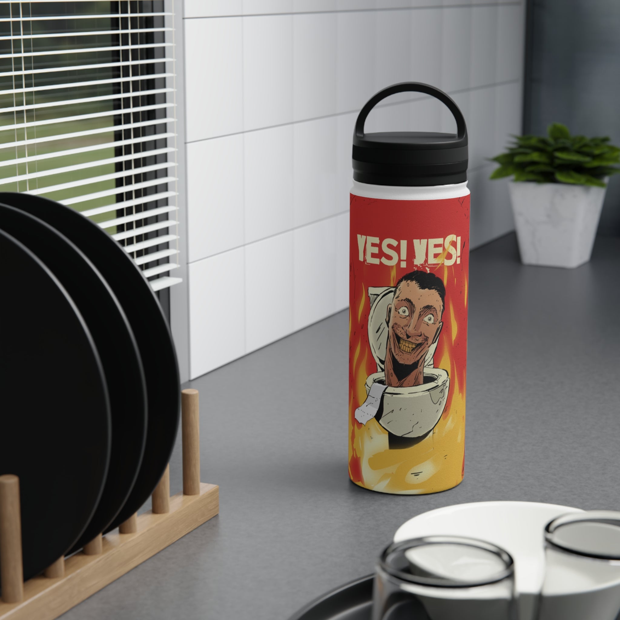 Yes! Yes! Water Bottle Stainless steel water bottle with Skibidi toilet against flames on a kitchen countertop 