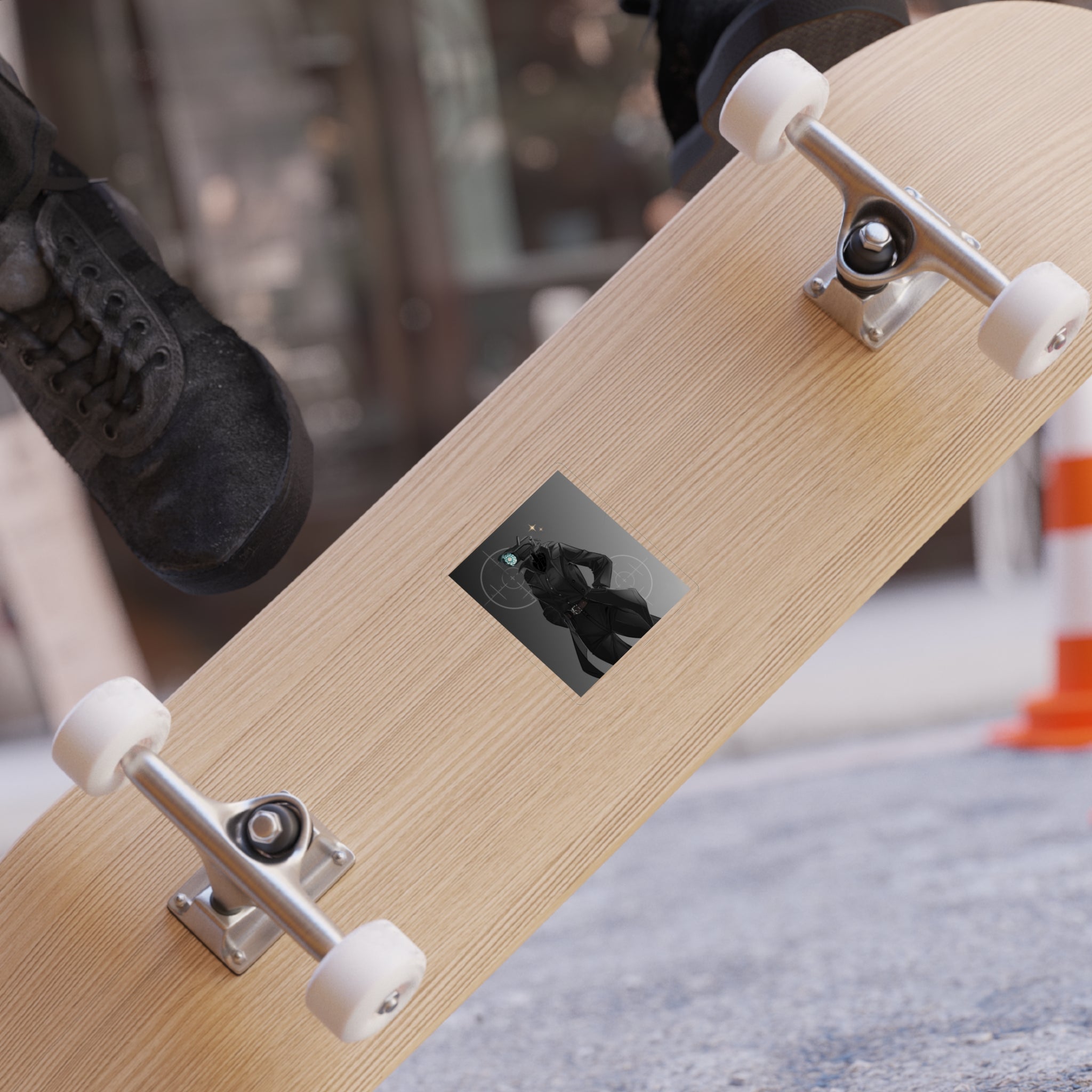 Sticker of Skibidi Toilet's Camera Woman with crosshair design on wooden skateboard