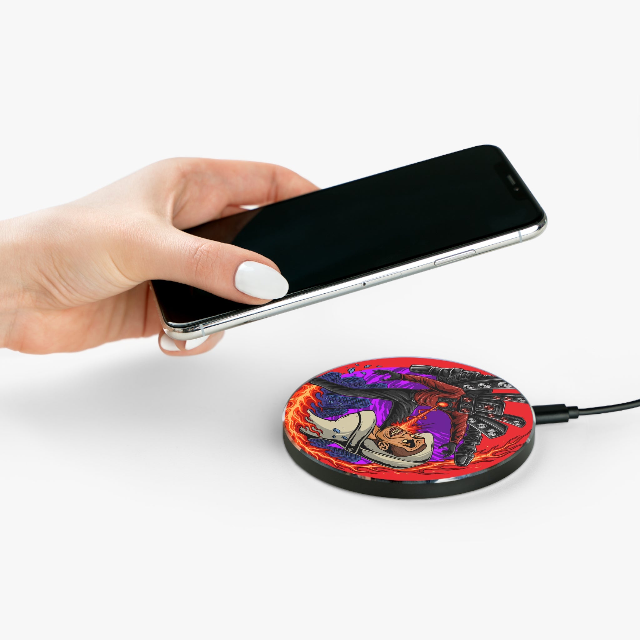 Speaker Blast Wireless charger showcasing Titan Speakerman's epic battle on white background With Person holding the phone over it 